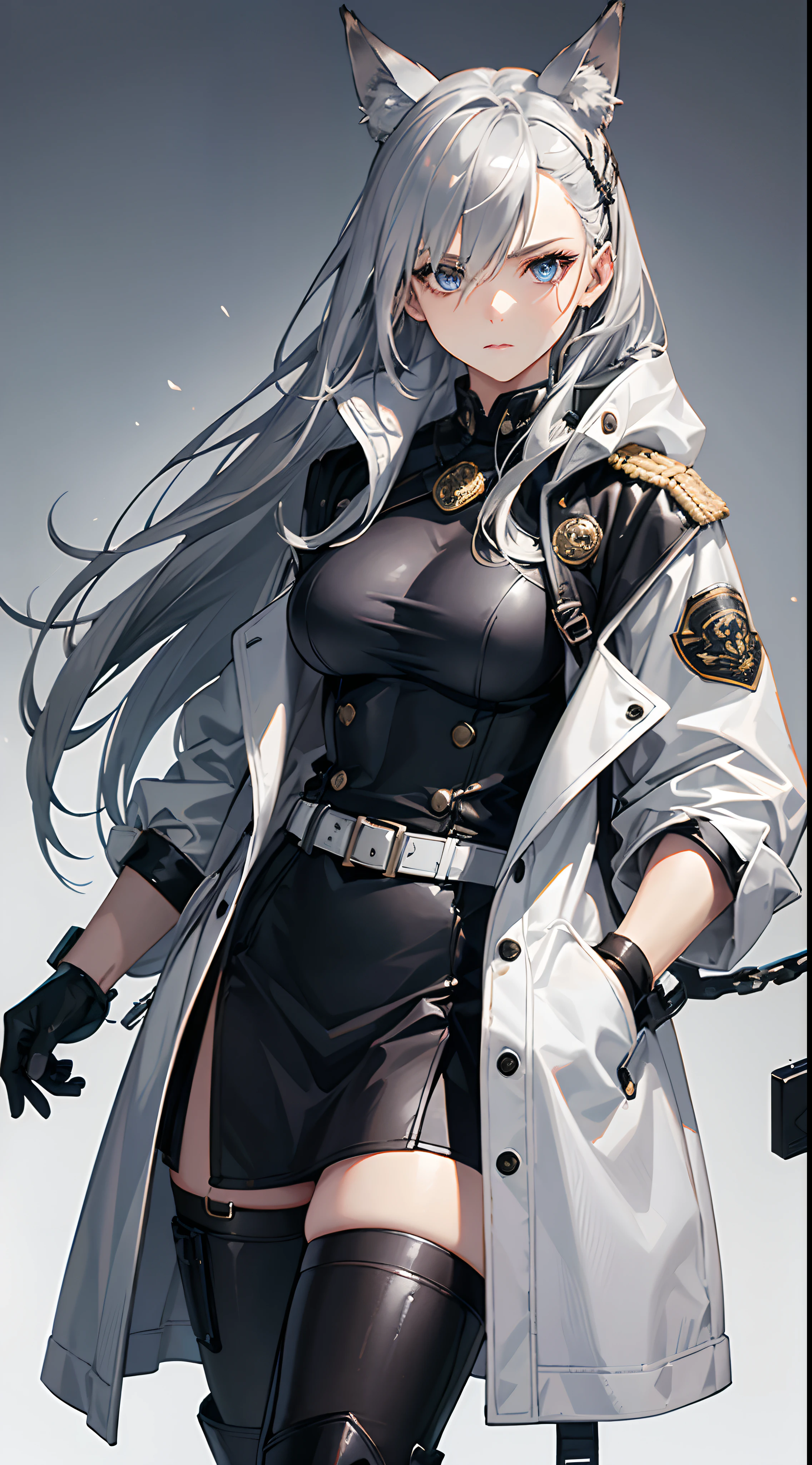 (best quality, realistic), 1girl, silver hair, jacket, wolf ears, coat, military uniform, original, blue eyes, standing, looking at viewer, serious expression, large breasts, long hair