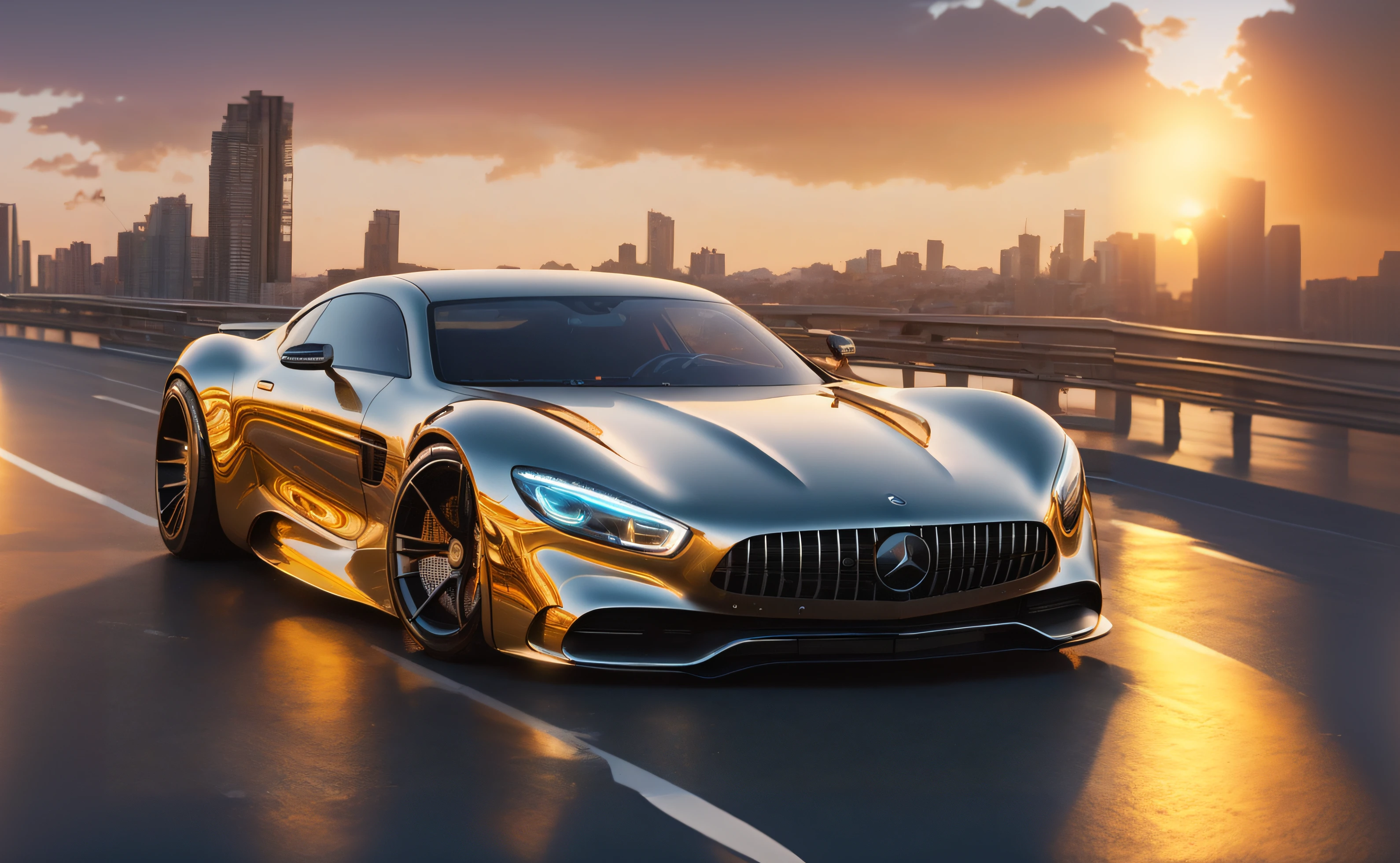 a close up of a silver sports car driving on a highway, luxury hd render, golden hour 4k, mercedez benz, avantgarde 4k wallpaper, shiny gold, stunning high tech, bmw and mercedes concept cars, glossy shiny reflective, futuristic precious metals, golden hour 8k, golden hour 8 k, shining golden hour, sports car, shiny metallic glossy skin