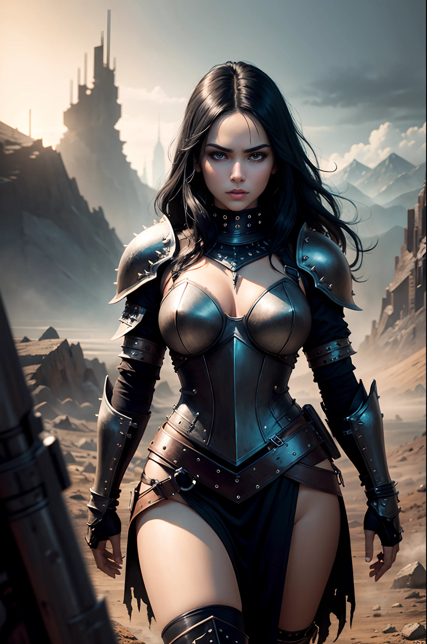 best quality,ultra-detailed,realistic,black-haired woman wearing studded leather armor,apocalyptic landscape,dramatic,illustration,high-res,professional,contrasting colors,harsh lighting