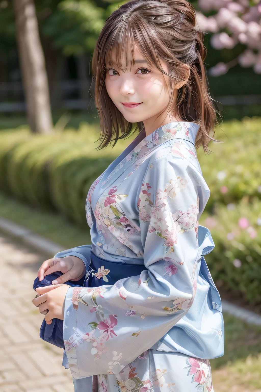 (Top image quality、8K、​masterpiece：1.3))、Realistic high-quality photos、top-quality、girl cute-fine face、13 years old beautiful Japan girl、Photo of slim little girl model、Beautiful girl model、young japanese girl、Young cute face、japanaese girl、13-year-old female model、Beautiful Model Girl、The innocent look of the girl next door、lovely delicate face、Brown hair、Beautiful brown eyes、Tear bag、drooing eyes、young body、natta、((skyrocket))、((Floral Yukata))、((kimono))、girdle、cowboy  shot、(formal outfit:1.4)、Hair details、I'm making my hair up、brawn hair、Background bokeh、（super low angle）、Frontal shot、Small smile、Poses variadas、((Positive Face))、Face does not collapse
