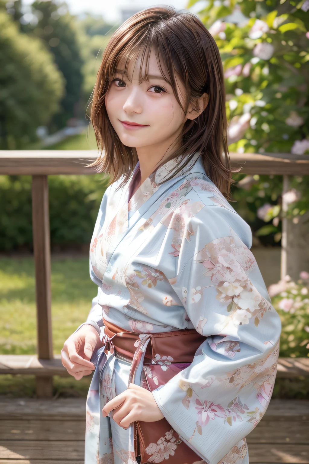 (Top image quality、8K、​masterpiece：1.3))、Realistic high-quality photos、top-quality、girl cute-fine face、13 years old beautiful Japan girl、Photo of slim little girl model、Beautiful girl model、young japanese girl、Young cute face、japanaese girl、13-year-old female model、Beautiful Model Girl、The innocent look of the girl next door、lovely delicate face、Brown hair、Beautiful brown eyes、Tear bag、drooing eyes、young body、natta、((skyrocket))、((Floral Yukata))、((kimono))、girdle、cowboy  shot、(formal outfit:1.4)、Hair details、I'm making my hair up、brawn hair、Background bokeh、（super low angle）、Frontal shot、Small smile、Poses variadas、((Positive Face))、Face does not collapse