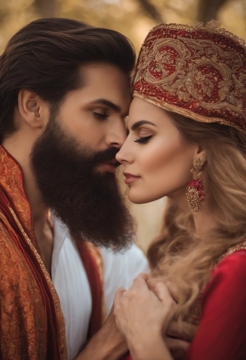 A man with a thick beard sees himself in a woman without a beard