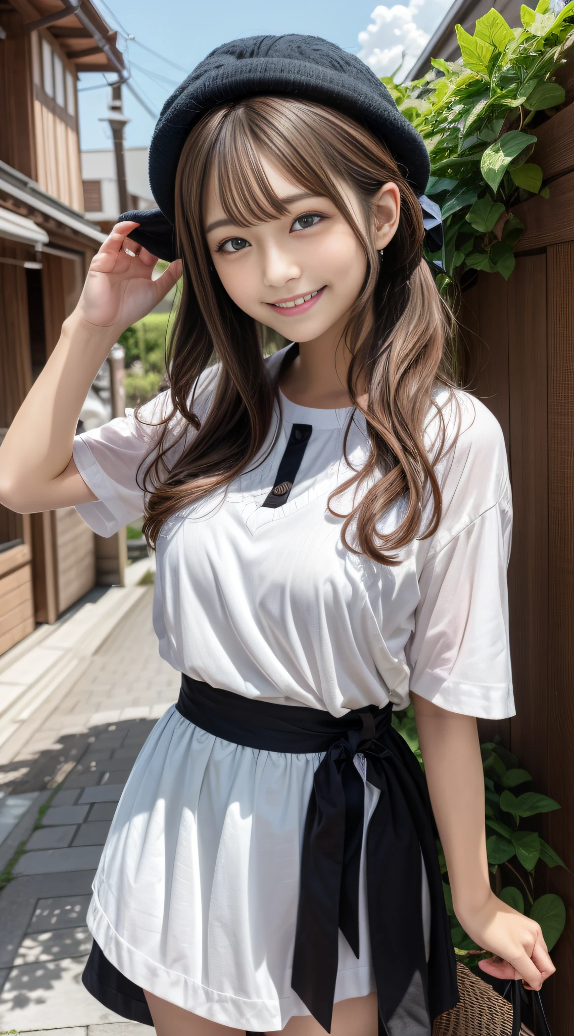 one girls, poneyTail, Smiling smile, Brown hair、azure eyes、Large ribbon、Hats、