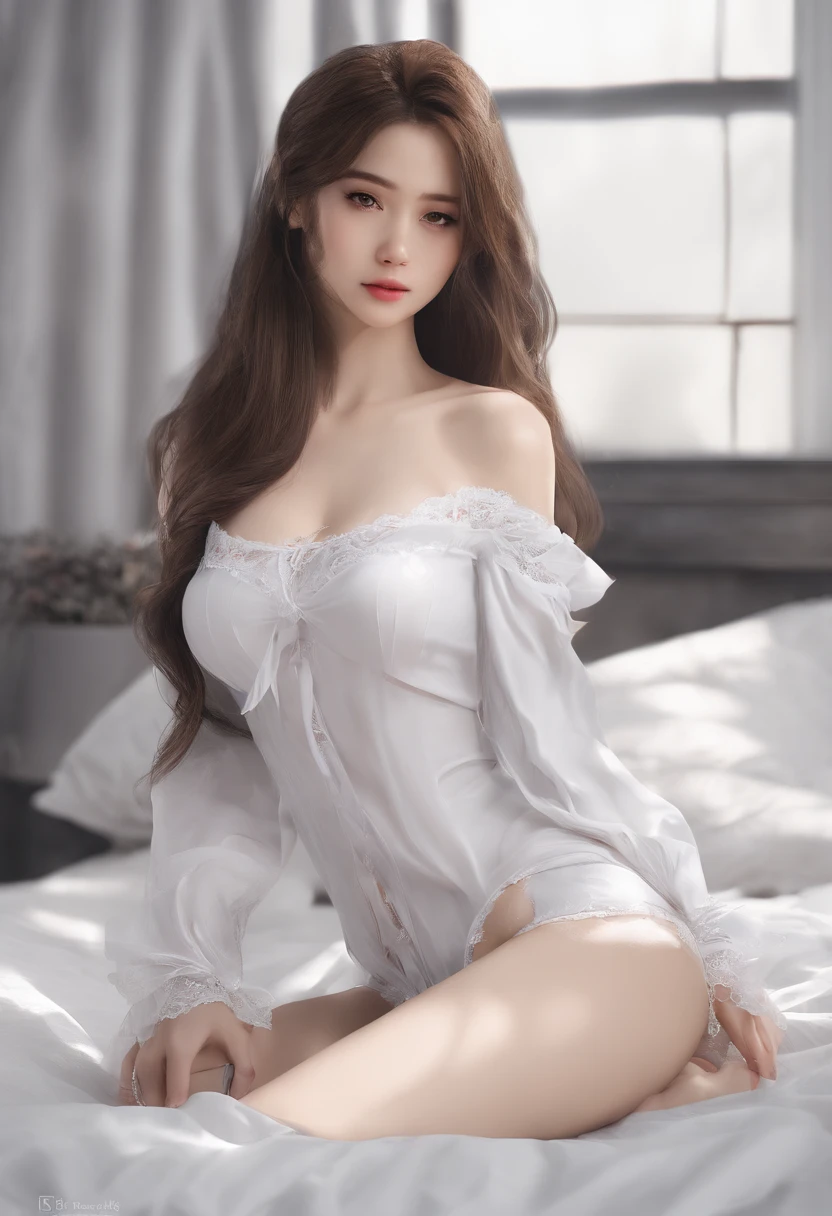 (8k, RAW photo, best quality, masterpiece:1.2), yjnn, 1girl, 3d, asian, bangs, bare_shoulders, bow, bra, chest, brown_eyes, brown_hair, cleavage, grey_background, lips, long_hair, long_sleeves, looking_at_viewer, medium_breasts, navel, nose, off_shoulder, open_clothes, open_shirt, panties, realistic, shirt, solo, stomach, underwear, undressing, upper_body, white_bra, white_panties, white_shirt,Shiny skin, beautiful delicate face, beautiful delicate eyes ,(realistic, photo realistic:1),Lie down on the bed