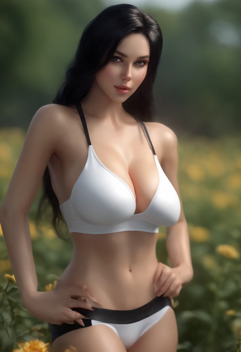 1girl, solo, nude, white sneakers, white panties, masterpiece, best quality, realistic, hyper-detailed, (shiny skin, sweaty:1.4), absurd, looking at viewer, long black hair, blue eyes, slender, dynamic lighting, high resolution, sharp focus, depth of field, detailed eyes, sharp pupils, realistic pupils, (huge breasts:1.6), (thick thighs:1.0), outdoor, farm