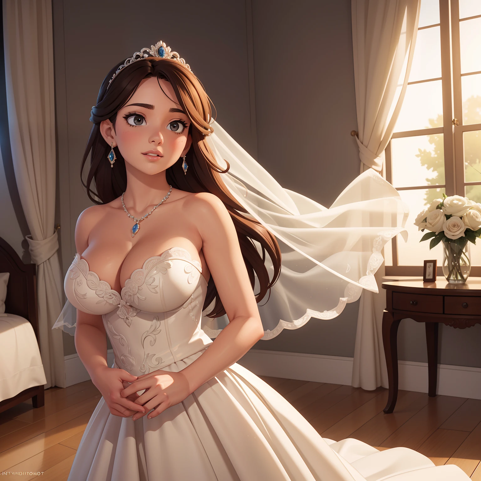 Hyper realistic super detailed sexy woman, Une fille confiante, NSFW, Very detailed, expressions faciales sexy, seductive facial expressions, [:(Face detail: 1.4): 0.4], 16K resolution, 4k resolution, dinamic lighting, High definition resolution, (sexy pose, Position attrayante), (hyper realistic: 1.4), (back light: 1.2), (sun light: 1), (pleine hauteur: 1.8),(contrasting background: 1.5), (Anatomy of the hyperrealistic arm), (Hyperrealistic anatomy of the legs), (peau propre), (lighting cinematic: 1.7), (intime), (Technologie NVIDIA RTX Ray Tracing), (Anatomy of the hyperrealistic arm: 2), (Ventre plat parfait), (image couleur),Create a masterpiece in 4K resolution, ultra-realistic, and extremely detailed, featuring an alluring young bride with a captivating physique and attractive bridal attire. The bride is the central character in the artwork, radiating joy and elegance. She stands in a beautifully decorated bedroom, with soft, natural light streaming in through the curtains, creating an intimate and enchanting atmosphere.

The alluring young bride possesses a captivating beauty. Her wedding gown is a true showstopper, with intricate lace, delicate embroidery, and a figure-hugging silhouette. She wears a veil that partially covers her face, adding an air of mystery. Her bouquet of fresh flowers is held gently in her hands.

Her physique is alluring, with graceful curves that complement the elegant lines of her bridal attire. Her hair is styled to perfection, with flowing locks that frame her face. Her makeup is tastefully done, enhancing her natural beauty. She wears sparkling jewelry that accentuates her allure, including a necklace, earrings, and a tiara.

The bedroom is tastefully decorated for the occasion, with floral arrangements and romantic touches. The bed is adorned with fine linens and decorative pillows. Soft candlelight or warm ambient lighting enhances the intimate setting