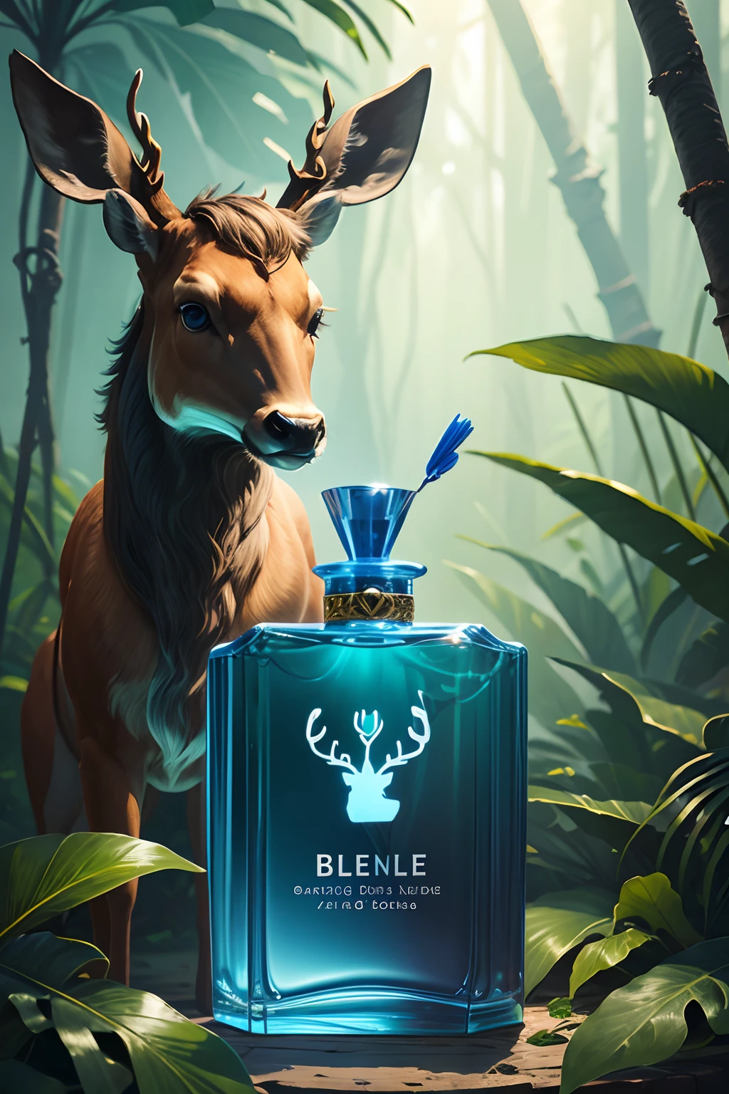 here is a blue perfume bottle with a deer head on it, with whole jungle background