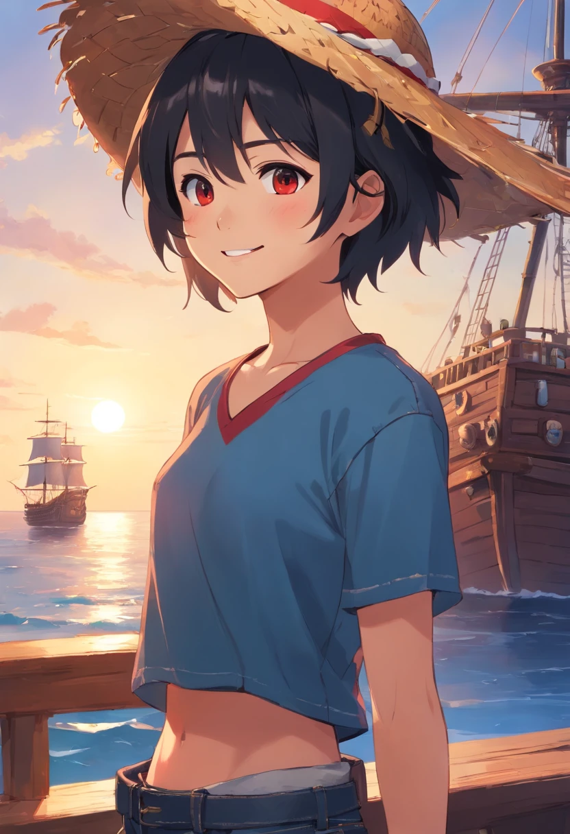 One man, straw hat, round eyes, scar on left cheek, smiling, short black hair, red T-shirt, blue half jeans, pirate ship in background, high quality –ar3:2 –niji