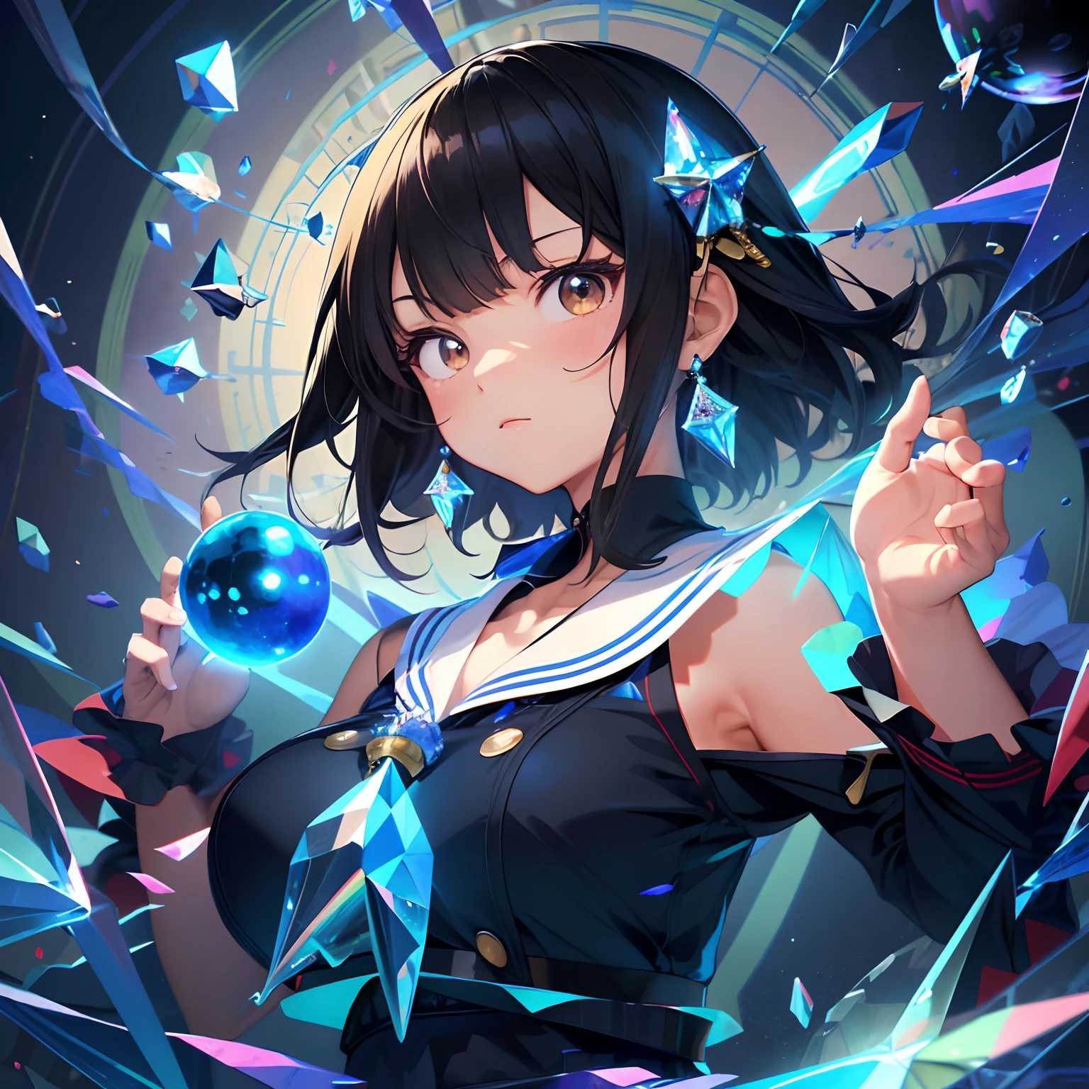 (masutepiece, Highest Quality), High resolution, (Illustration:1.3), Black hair, short-cut, 小柄, Colossal tits, (a sailor suit:1.1), Girl doing fortune telling, natta, starrysky, Large crystal balls floating around the body, Fantastic atmosphere, serious facial expression,A mysterious place,(Girl looking into a crystal ball:1.2)