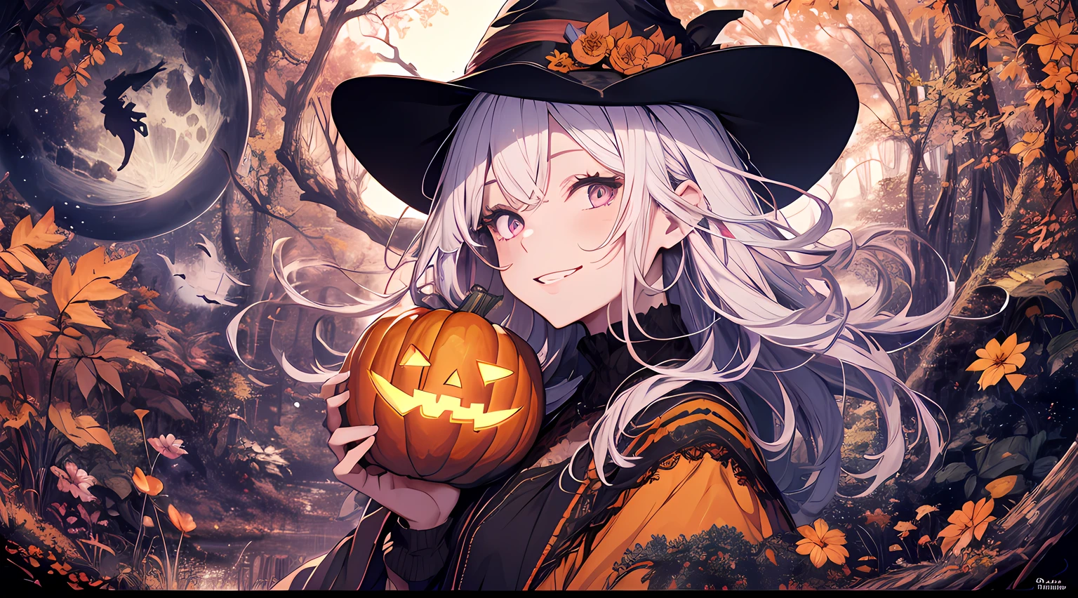 absurdres, highres, ultra detailed, (1girl:1.3) , Halloween witch, ((lovely smile)),wizard robes, wizard hat, Jack o'lantern, night, moon lighting,
BREAK, Halloween atmosphere,(half body image:1.5),
, kaleidoscopic imagery, symmetrical patterns, vibrant colors, geometric shapes, mesmerizing designs, optical illusions, dynamic composition
BREAK
, pantomime art, expressive body language, silent storytelling, evocative gestures, visual narratives, theatrical performances
BREAK
, blooming pumpkins, colorful petals, fragrant scents, nature's bounty, vibrant gardens, peaceful scenery,(wide angle:1.5)