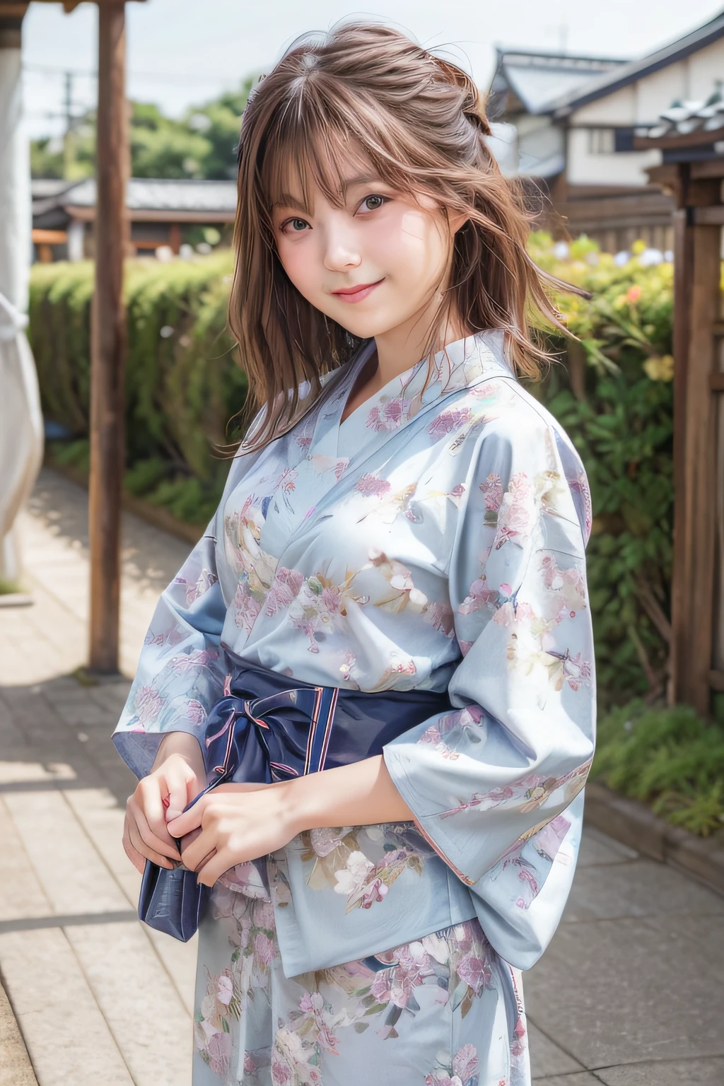 (Top image quality、8K、masterpiece:1.3))、Realistic high-quality photos、top-quality、girl cute-fine face、 beautiful Japan girl、Photo of slim little girl Beautiful girl model、young japanese girl、Young cute face、japanaese girl、13-year-old femaleodeautifModel Girl、The innocent look of the girl next door、lovely delicate face、Brown hair、Beautiful brown eyes、Tear bag、drooing eyes、young body、natta、((skyrocket))、((floral Yukata))、((Kimono))、girdle、cowboy shot、(formal clothes:1.4)、Hair details、I'm styling my hair、(super low angle)、Frontal shot、Small Smile、Poses variadas、((Positive face))、The face does not crumble