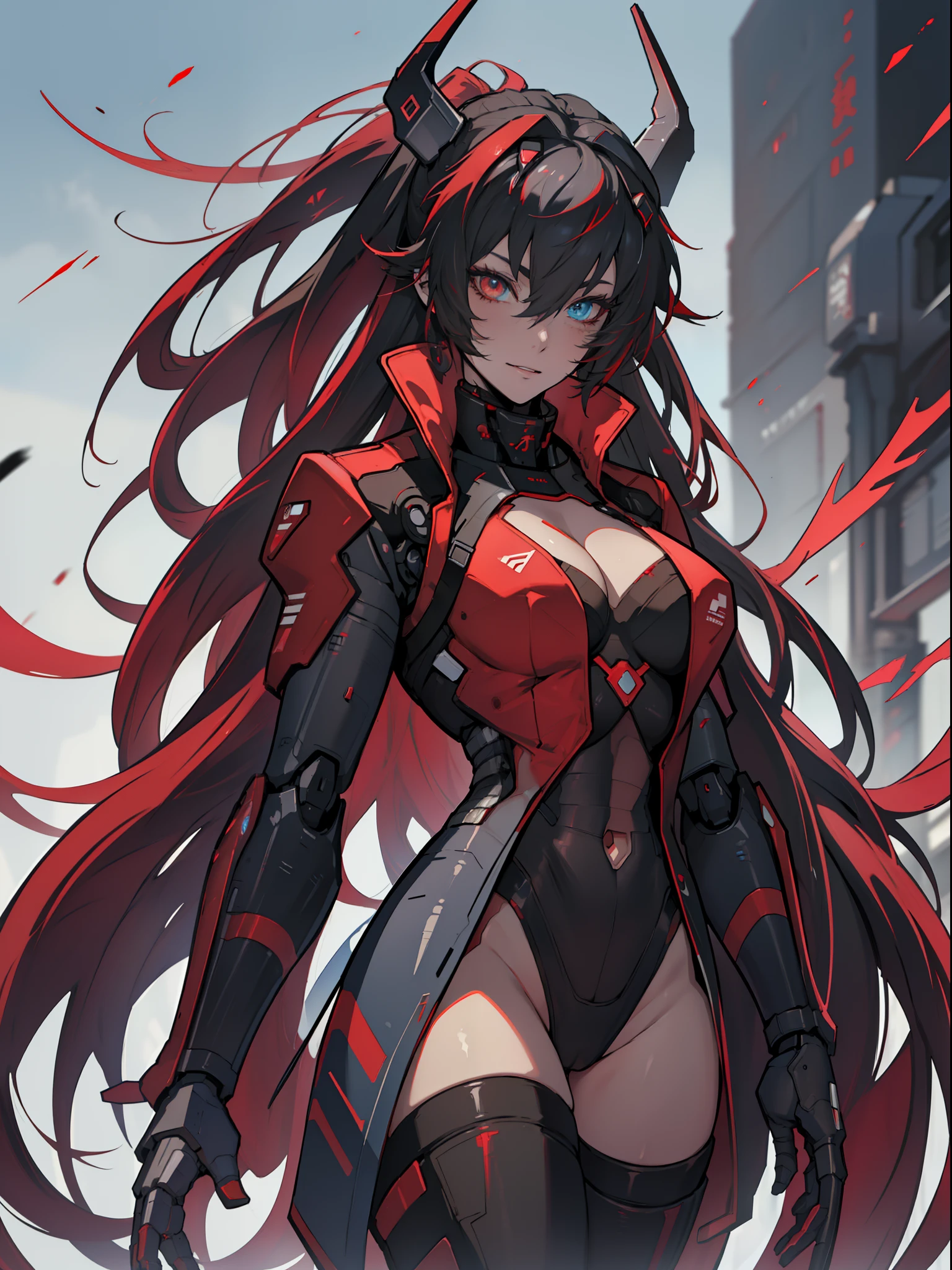 (best quality, Top image quality, 8k, masterpiece, anime) (solo) (black hair with red and white highlights:2.5, very long flowing hair), (heterochromia eyes red and blue:1.4), thick thighs, (huge breasts:1.3), muscular, (athletic:1.3), cyborg, (android mecha arms:1.4), (android mecha legs:0.7), (High-cut leotard:3.5, high-cut leg:3.5, one-piece:1.9, red:1.5, black:1.5, cleavage), (jacket, black:1.3, red:1.2), (small forward facing black mecha horns:1.1), gauntlet, mecha skin, toned body, (solo) 1 woman (age 30), Katana sword, beautiful, sexy, lucia, Lucia_Crimson_Weave, mecha, cybernetic, android, robot joints, mechanical parts, headgear, mecha musume