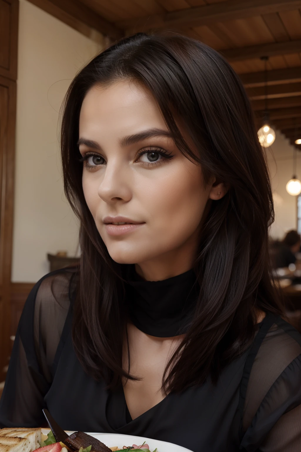 visage, long_cheveux, magnifique, fille, clivage, occidental, haut noir, fille chaude, lunch, contenu, alcool