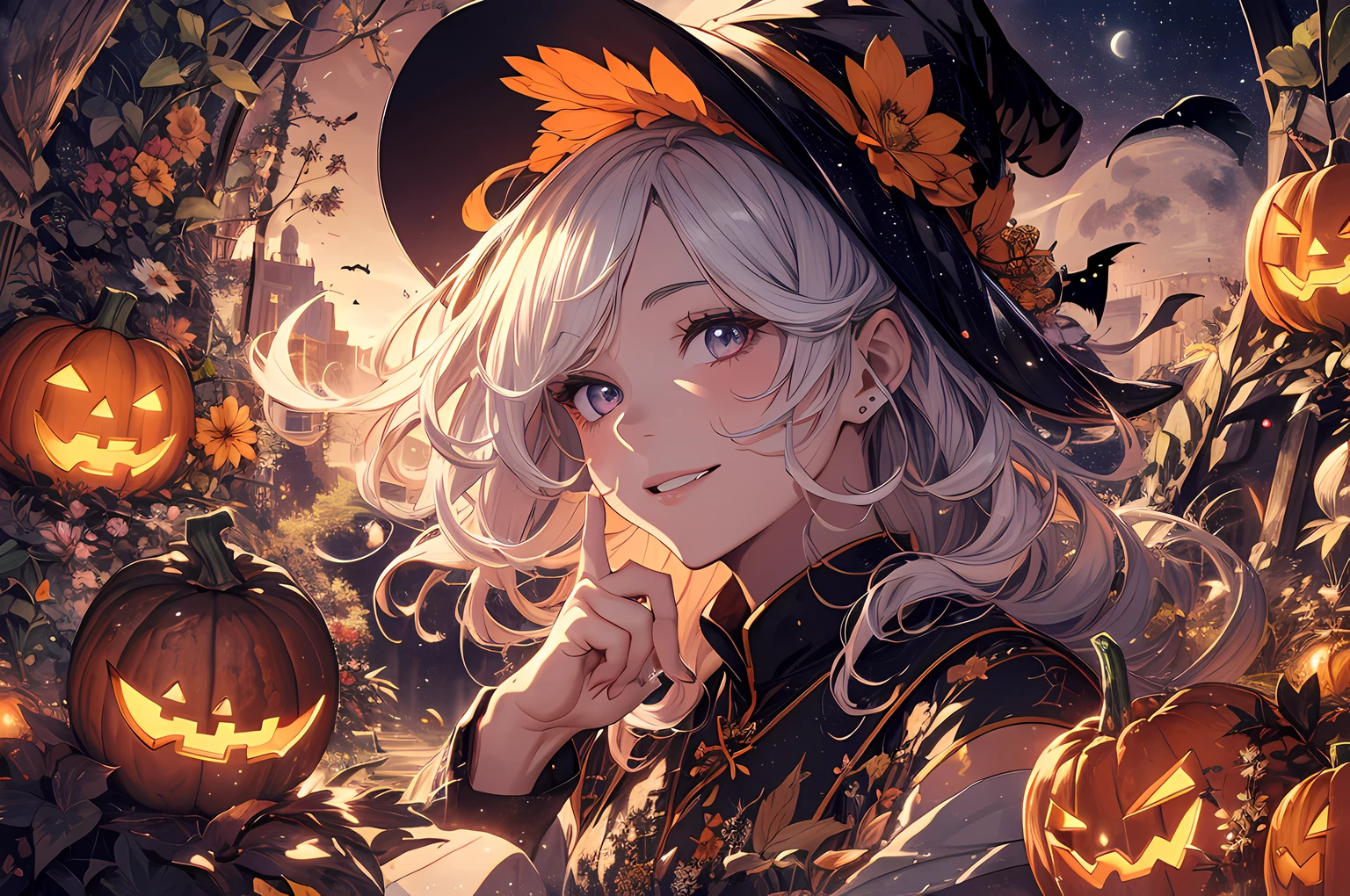 absurdres, highres, ultra detailed, (1girl:1.3) , Halloween witch, ((lovely smile)),wizard robes, wizard hat, Jack o'lantern, night, moon lighting,
BREAK, Halloween atmosphere,(half body image:1.5),
, kaleidoscopic imagery, symmetrical patterns, vibrant colors, geometric shapes, mesmerizing designs, optical illusions, dynamic composition
BREAK
, pantomime art, expressive body language, silent storytelling, evocative gestures, visual narratives, theatrical performances
BREAK
, blooming pumpkins, colorful petals, fragrant scents, nature's bounty, vibrant gardens, peaceful scenery,(wide angle:1.5)