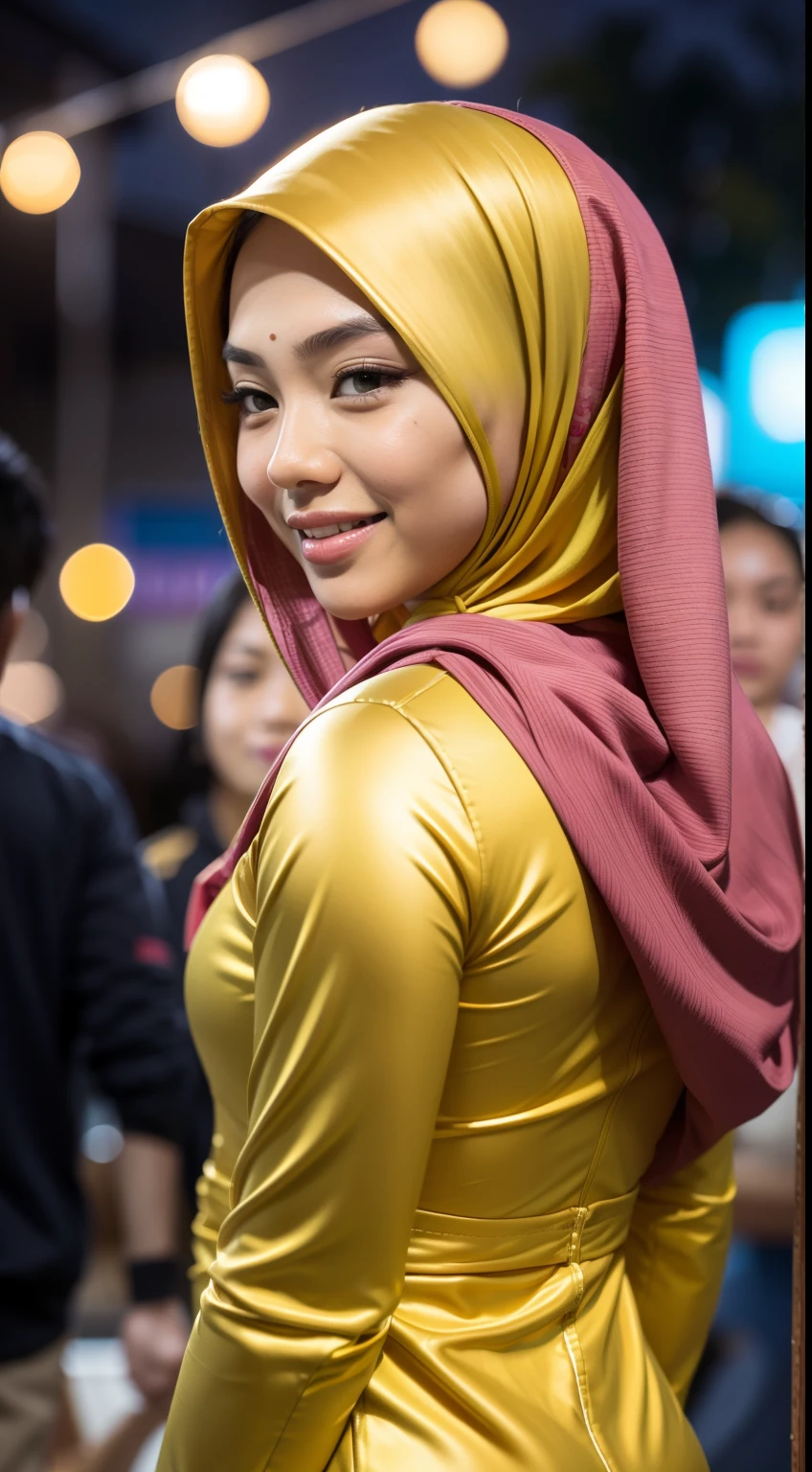 Malay girl wear small floral baju kurung malaysia in college, long golden brown hair, wavy hair, back view, detail skin, detail skin texture, mole below eyes, small breast, big hip, big waist, big round ass, big thigh, slim abs, beautiful body, nighttime, laughing, happy, bright lighting, college student in background, crowded college, blur background, bokeh,