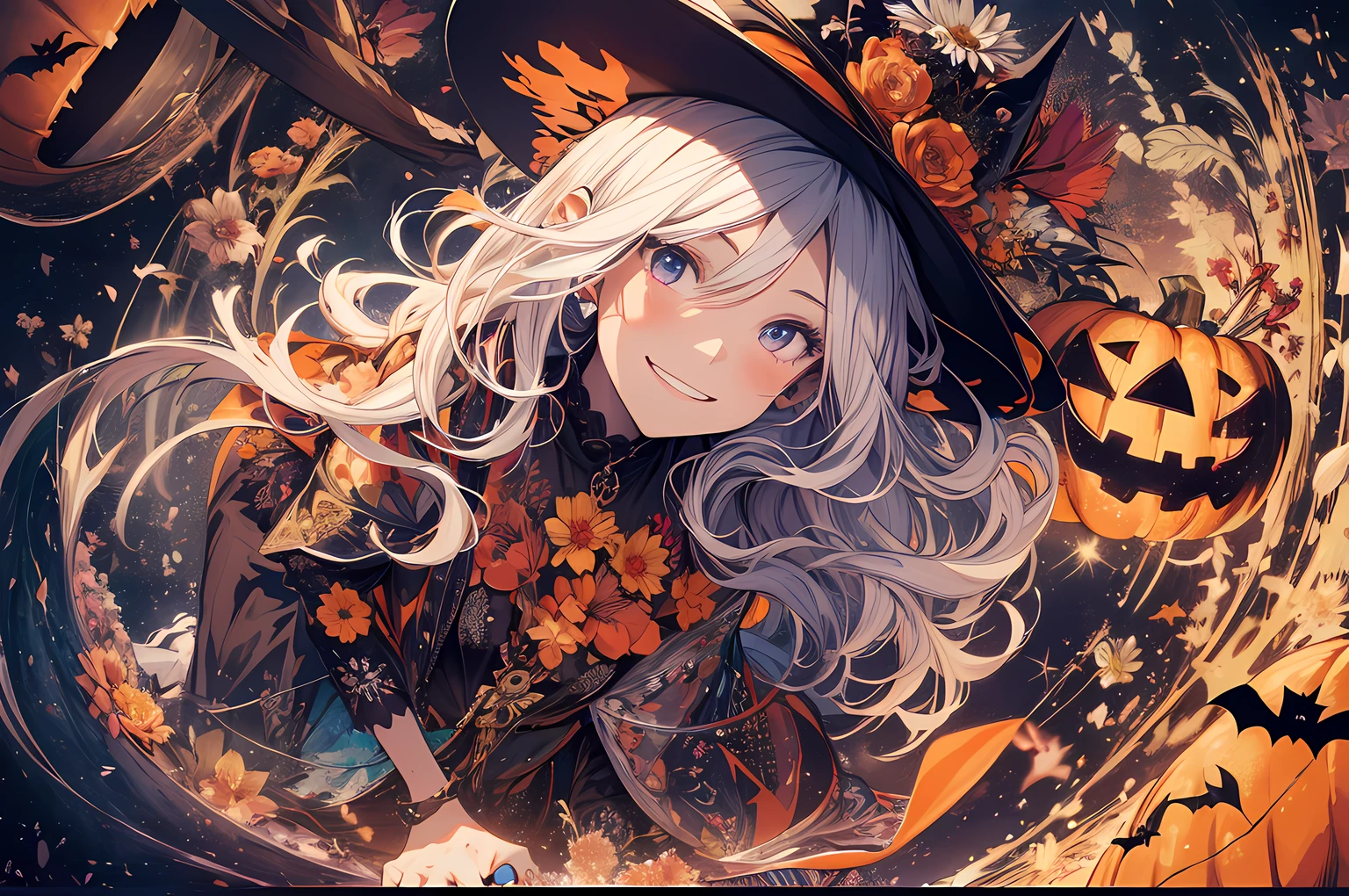 absurdres, highres, ultra detailed, (1girl:1.3) , Halloween witch, ((lovely smile)),wizard robes, wizard hat, Jack o'lantern, night, moon lighting,
BREAK, Halloween atmosphere,(half body image:1.5),
, kaleidoscopic imagery, symmetrical patterns, vibrant colors, geometric shapes, mesmerizing designs, optical illusions, dynamic composition
BREAK
, pantomime art, expressive body language, silent storytelling, evocative gestures, visual narratives, theatrical performances
BREAK
, blooming pumpkins, colorful petals, fragrant scents, nature's bounty, vibrant gardens, peaceful scenery,(wide angle:1.5)