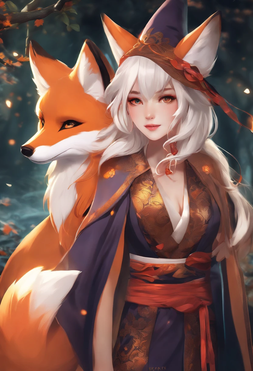 1girl,solo,, official art, unity 8k wallpaper, ultra detailed, beautiful and aesthetic, beautiful, masterpiece, best quality,, Kitsune witch, fox mask, haori jacket, foxfire spell, fox familiar, transformation,