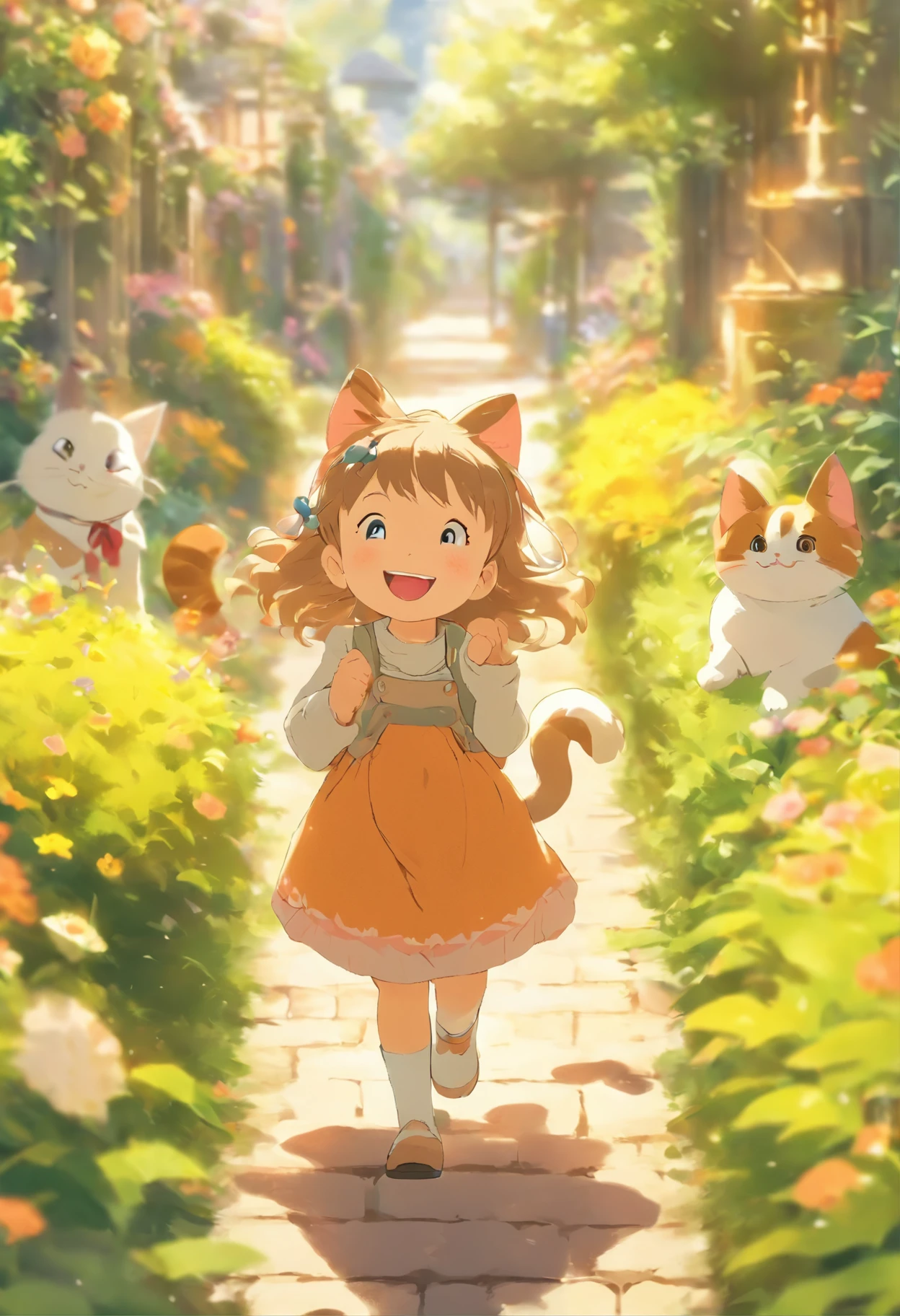 5-year-old girl is smiling, walking on the garden path, A round-eyed cat followed.
