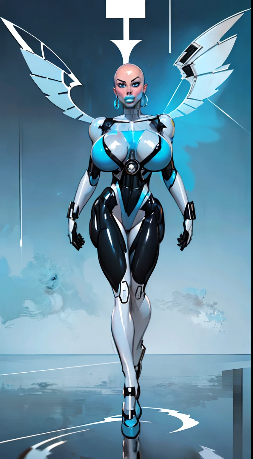 8k ((full body view:1.4)) (large eyes:1.3), defined cheekbones, 1woman, ((the pit style:1.4))((woman has no face, ((sleek chrome bodysuit:1.6)) (detailed face:1.5), lightblue skin,(puffy lips:1.5) (lightblue skin:1.6), (bald woman:1.7), (skinhead) ((stands confident)),(Muscular:1.3), ((gigantic breasts:1.5)) ((side view:0.6)), )highly detailed, majestic, digital photography, art by artgerm and ruan jia and greg rutkowski, ((metal wings on back)), (masterpiece, sidelighting, intricate details, black and blue color palette