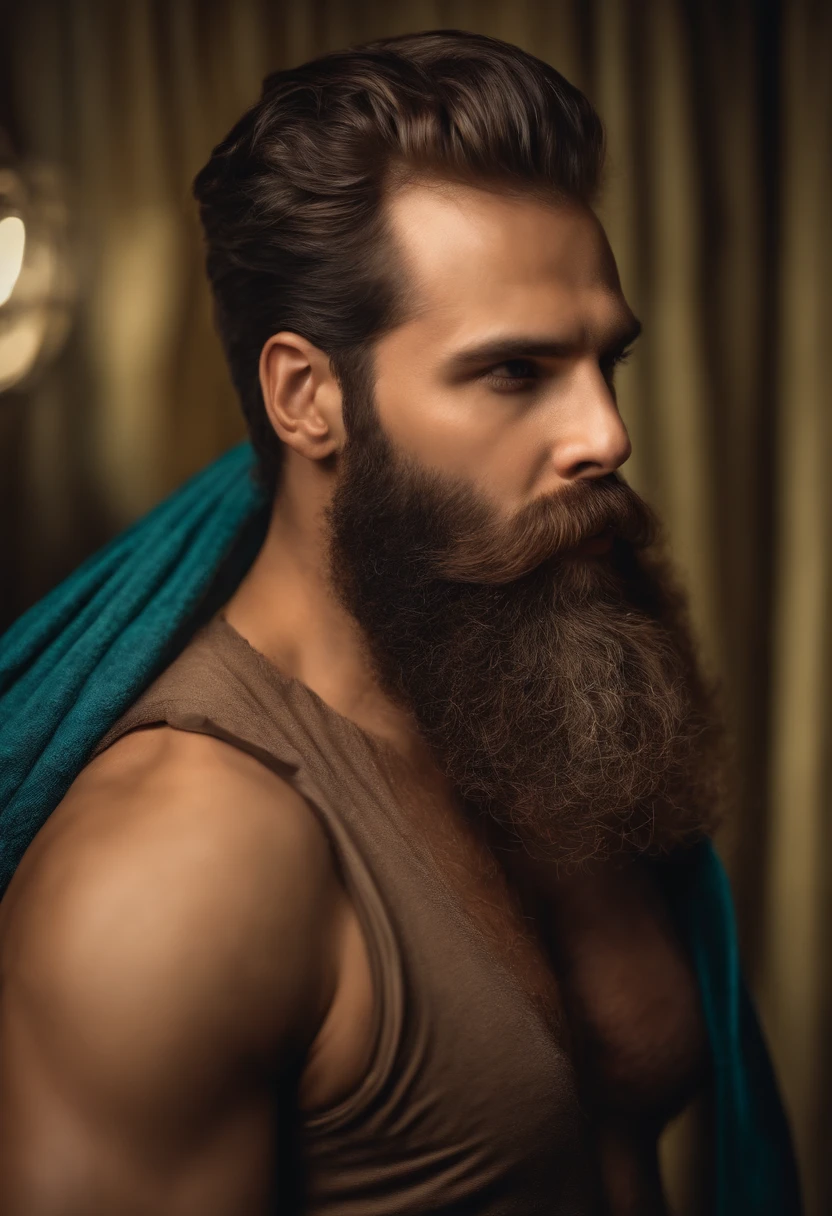 Portrait of a shirtless bearded man with a six pack