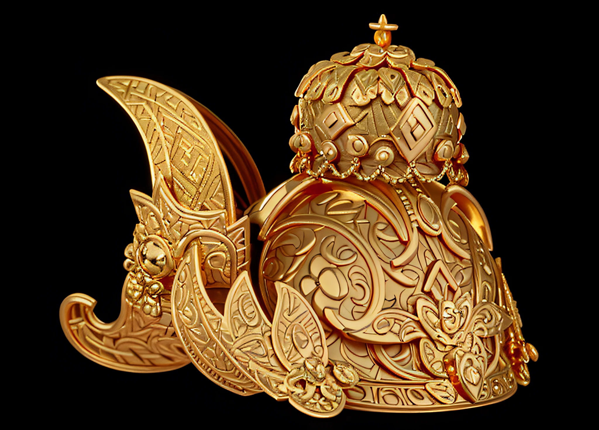 a close up of a crown with a gold decoration on it, intricate gold headdress, intricate gold crown, gold adornments, elaborate gold jewelry, tai traditional bronze headdress, wearing an elaborate helmet, elaborate ornate head piece, wearing ornate helmet, gold helmet, ornate metallic helmet, intricate golden armor, ornate metal gold headpiece, intricate gold jewlery