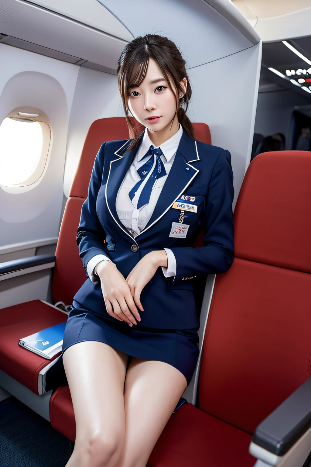 top-quality, ​masterpiece, 8K, 超A high resolution, (Photorealsitic:1.4), 1girl in、beautiful expression、symmetrical eye、shorth hair、Colossal tits、Perfect body proportion、Stewardess uniform、The stewardess has、Look at viewers、(Inside the plane:1.2)、front-facing view、Shoulder、Absolute area(1.3)、Looks fun、NSFW、