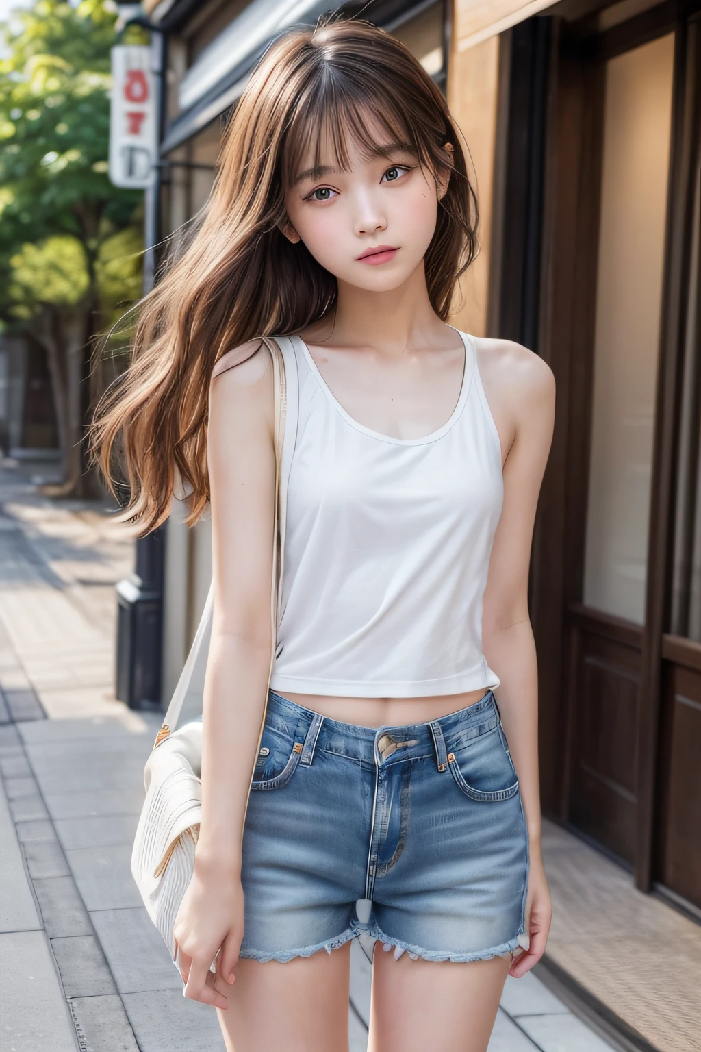 (Top image quality、8K、masterpiece:1.3))、Realistic high-quality photos、top-quality、girl cute-fine face、 beautiful Japan girl、Photo of slim little girl Beautiful girl model、young japanese girl、Young cute face、japanaese girl、13-year-old femaleodeautifModel Girl、The innocent look of the girl next door、lovely delicate face、Brown hair、Beautiful brown eyes、Tear bag、drooing eyes、young body、Black tank top、Jeans wearing jacket、((shortpants))