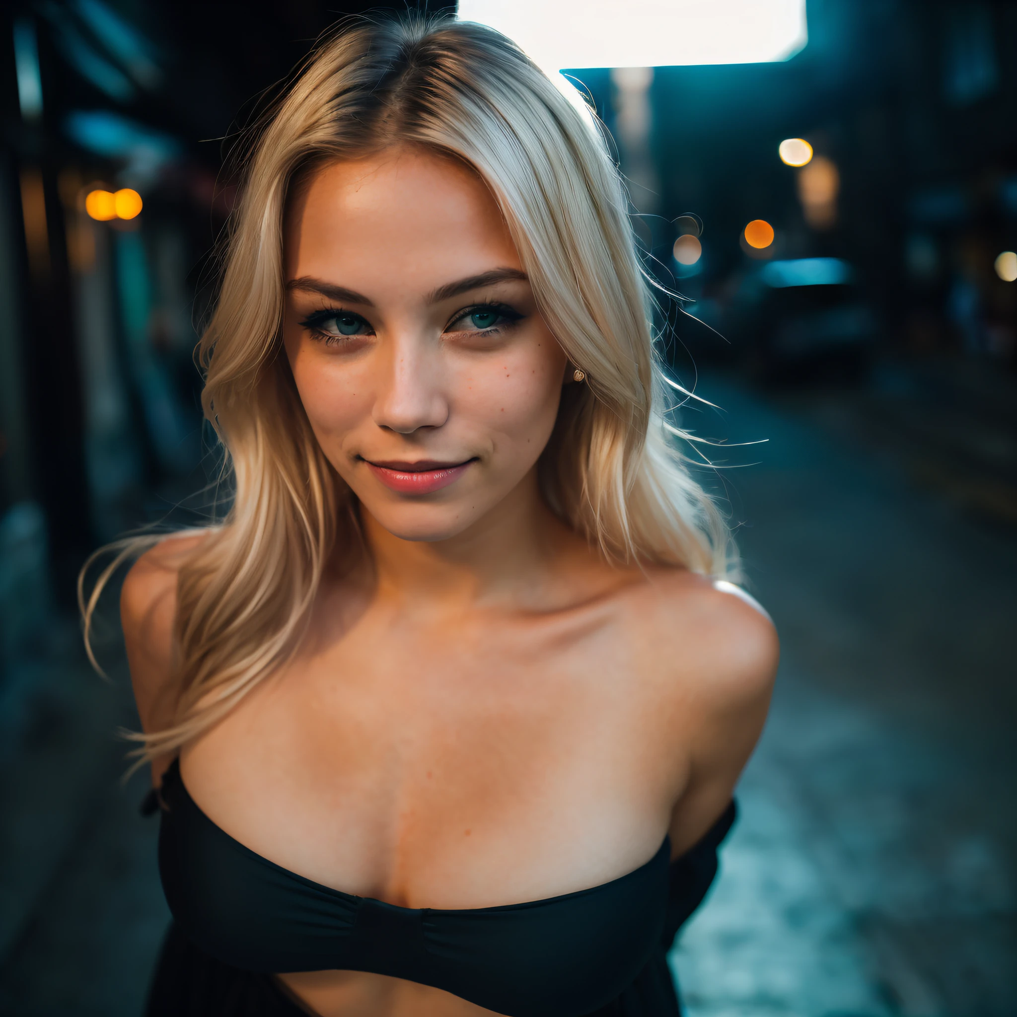 (Selfie, plan: 1.4), (straight half of the body,: 1.4), RAW UHD portrait photo of a 24-year-old blonde (Blue-eyed woman) Walking through dark alleys,, Night city, (Rock), Details (fabric! , Haar! , kirakira, Farbe!! , drawback: 1.1), Shiny eyes with a high level of detail (Look into the camera), SLR Lighting, SLR camera, ultra-quality, sharpness, depth of fields, Film Cone (central), FUJI XT3, crystalclear, Ramen Mitte, Beautiful face, foco nítido, Streetlight, Neon Beloichtung, Bokeh (The dim), natta, (nigh sky), detailed skin pores, Oily skin, sun burn, Complex eye details, full bodyesbian