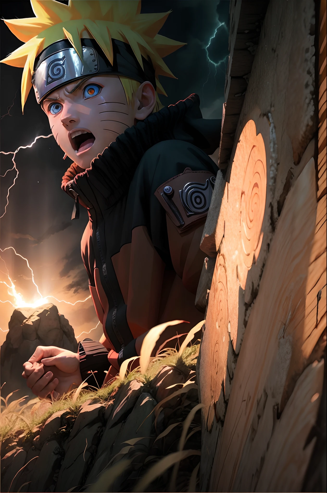 Naruto, 1boy, Lightning, brave, Open mouth, fire red eyes, fiery eyes
