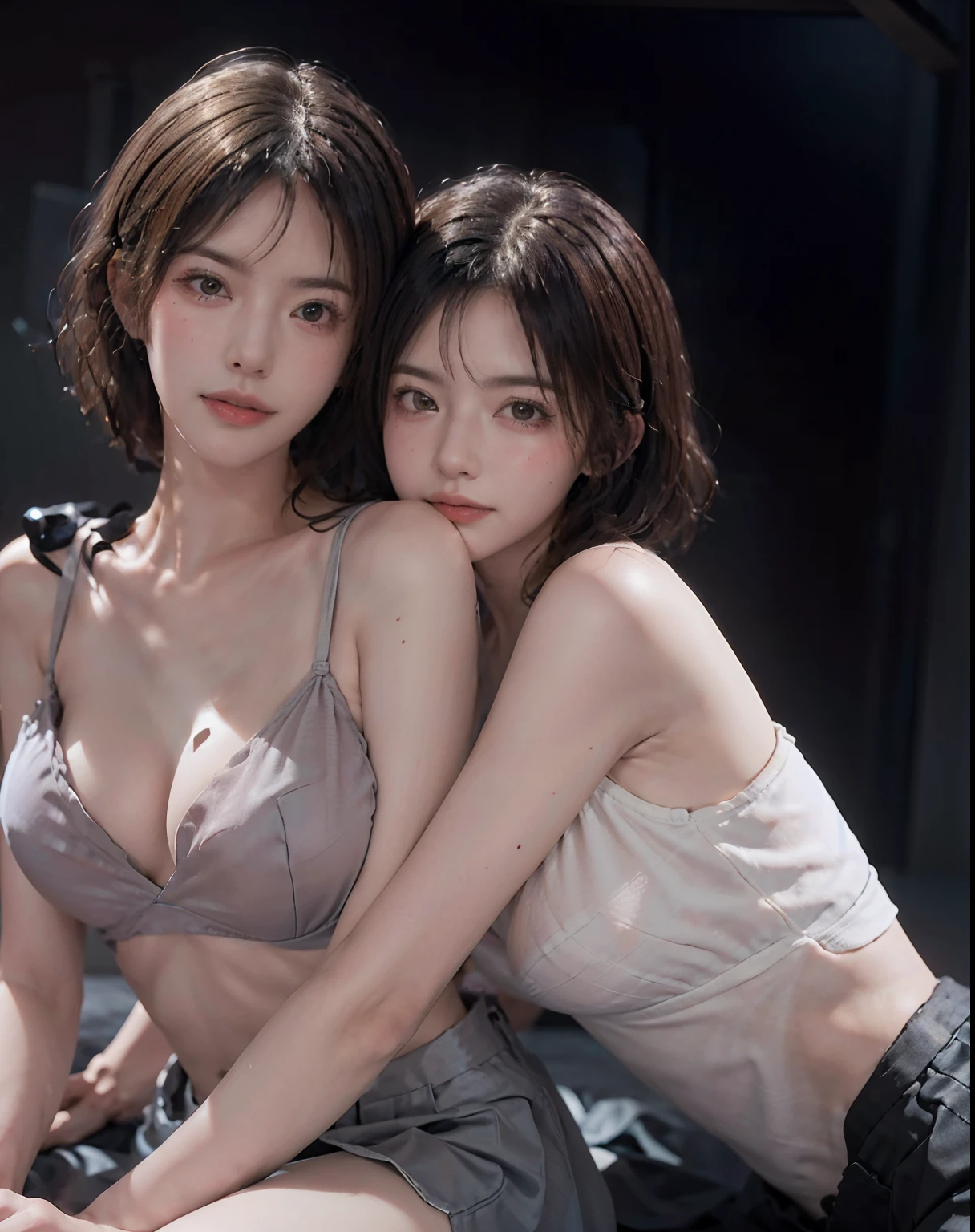 two women posing for a picture in the bedroom, wearing nothing, huge boobs, slim fit body, perfect abs, two models in the frame, two girls, tumblr