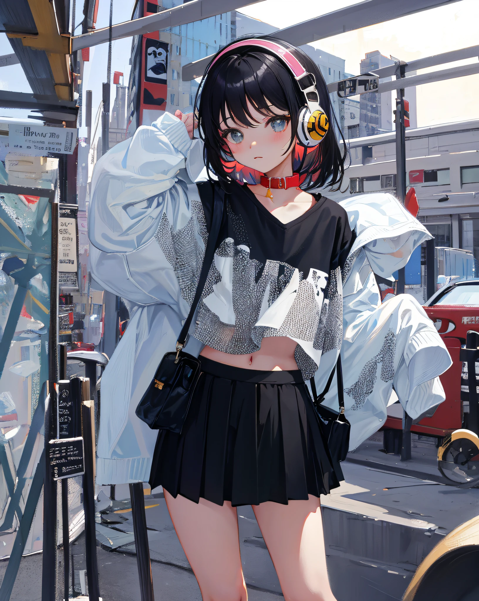 (Realistic painting style:1.0), Masterpiece, Best quality, absurderes, comic strip, illustration,
1 girl, Medium hair, Cute girl, young and cute girl, Korean girl, {Breasts}, 
A girl in a skirt and a striped shirt with headphones, On the road, Girl wearing headphones, cute kawaii girls, photo of slim girl model, Wear a collar, wearing a crop top, Wear a striped top, Striped top, Black skirt, Simple clothes, Simple clothing,