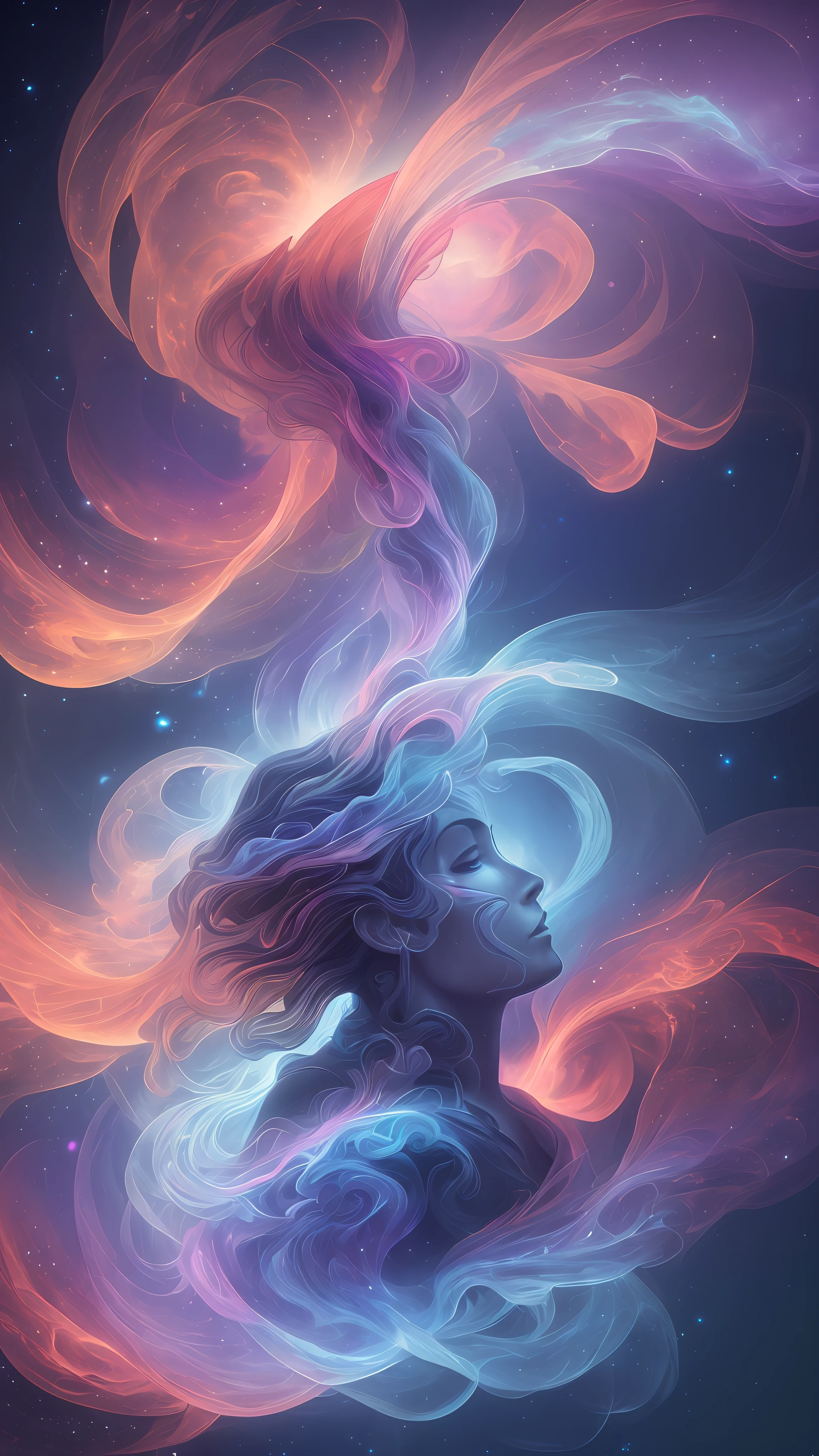 raytraced render and digital painting of the inconceivable and spectacular a scene of emergence of a figure from the glowing cloud, cosmic entities, celestial, cosmic, luxury, elegant, ornate, vibrant and vivid, smooth, soft billowing smoke, bright, heavenly, elegant, swirls, cosmic nebula vines, nebula threads, twirling, billowing, cinematic, unrealistic, high contrast, symobolism, magical, mystical, mystifying, obscure, perplexing, hyperrealistic, oversaturate, colorfully