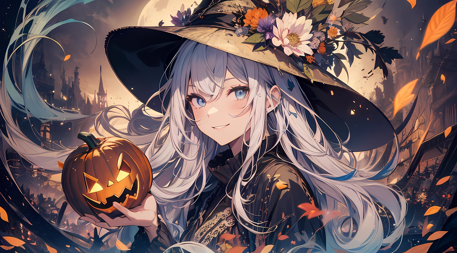 absurdres, highres, ultra detailed, (1girl:1.3) , Halloween witch, ((lovely smile)),wizard robes, wizard hat, Jack o'lantern, night, moon lighting,
BREAK, Halloween atmosphere,(half body image:1.5),
, kaleidoscopic imagery, symmetrical patterns, vibrant colors, geometric shapes, mesmerizing designs, optical illusions, dynamic composition
BREAK
, pantomime art, expressive body language, silent storytelling, evocative gestures, visual narratives, theatrical performances
BREAK
, blooming pumpkins, colorful petals, fragrant scents, nature's bounty, vibrant gardens, peaceful scenery,(wide angle:1.5)