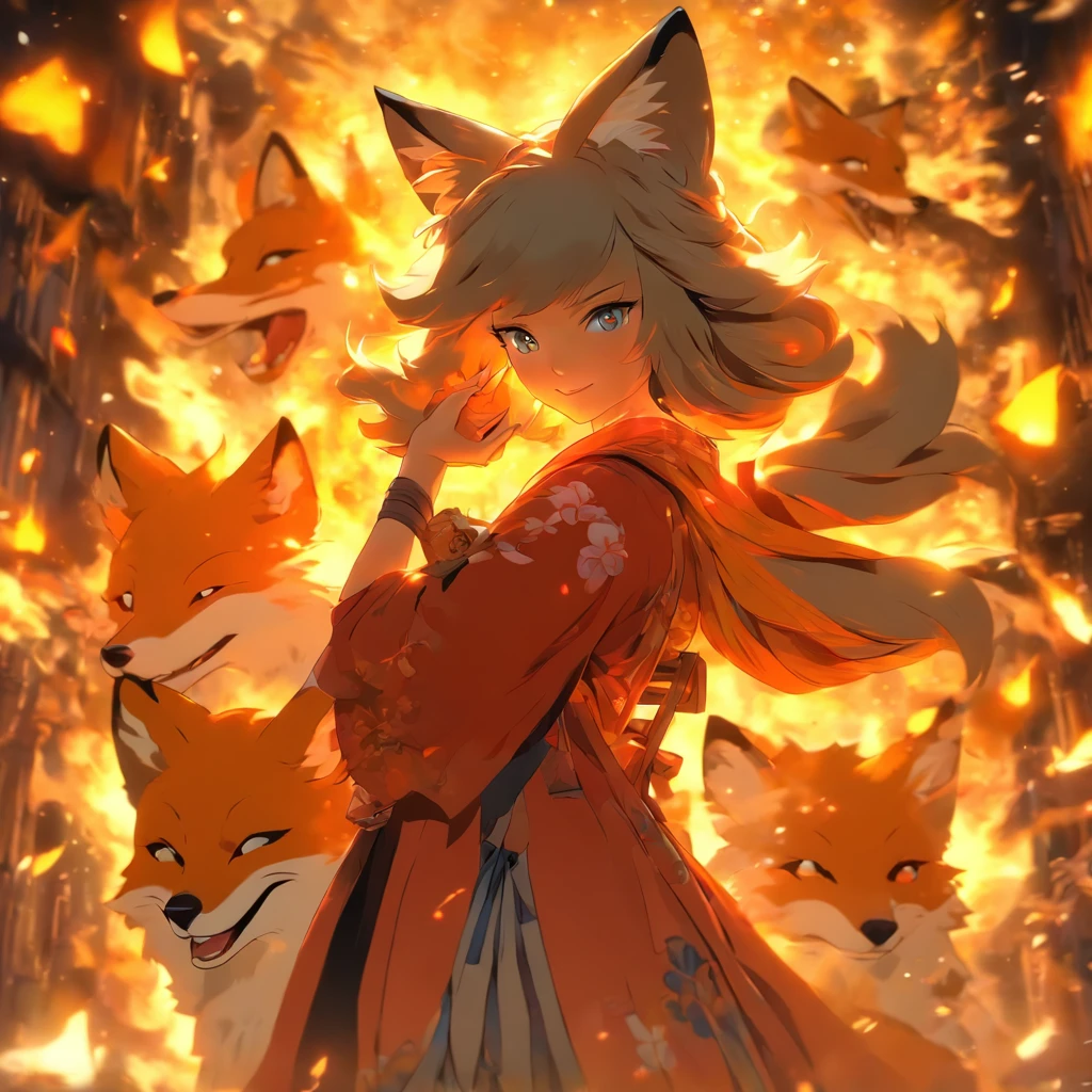 1girl,solo,, official art, unity 8k wallpaper, ultra detailed, beautiful and aesthetic, beautiful, masterpiece, best quality,, Kitsune witch, fox mask, haori jacket, foxfire spell, fox familiar, transformation,