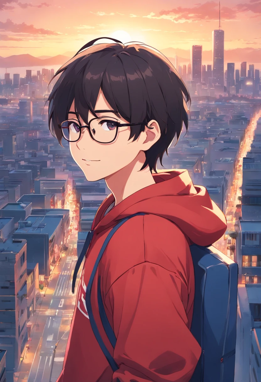 One man, round eyes, scar on left cheek, smiling, short black hair, wearing glasses, red hoodie shirt, blue half jeans, city in background, high quality –ar3:2 –niji