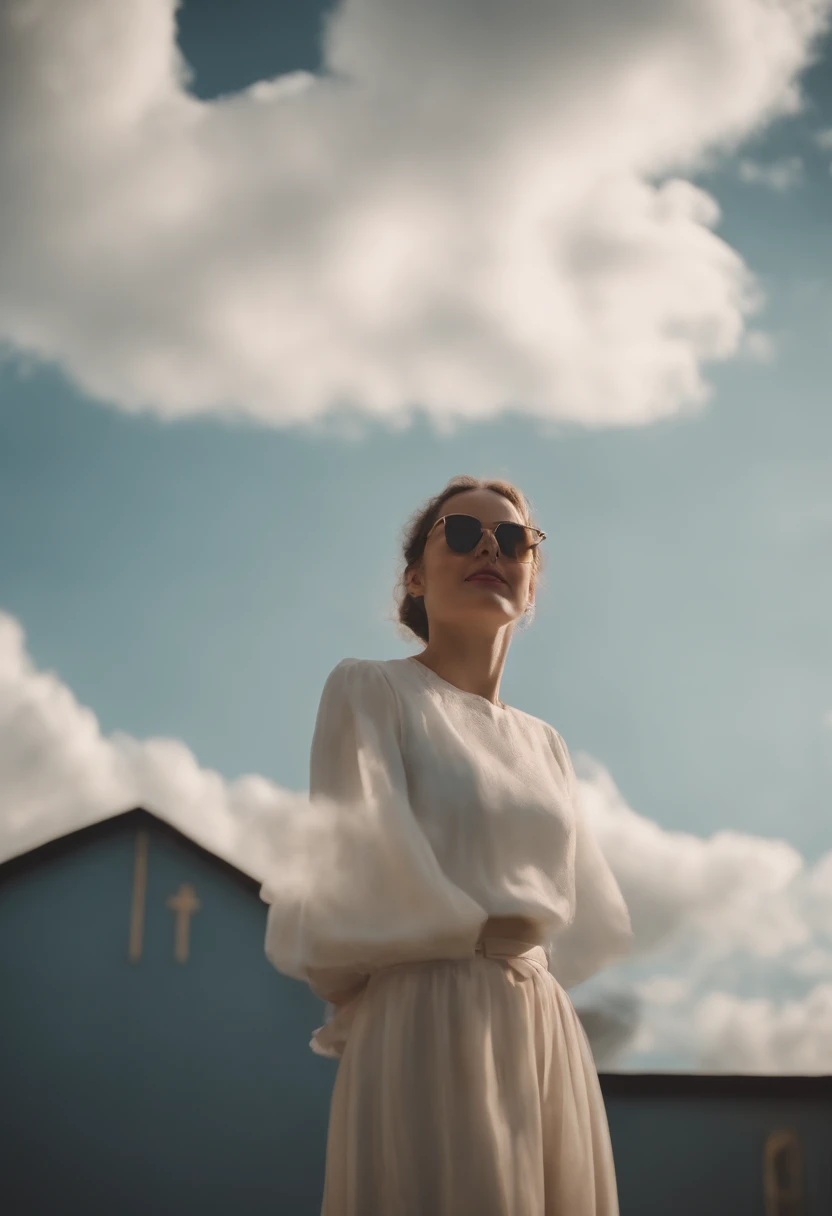 masterpiece, best quality, movie still, 1girl, floating in the sky, cloud girl, cloud, (close-up:1.1), bright, happy, fun, soft lighting, (Bauhaus, shapes, lines, abstract:1.1)