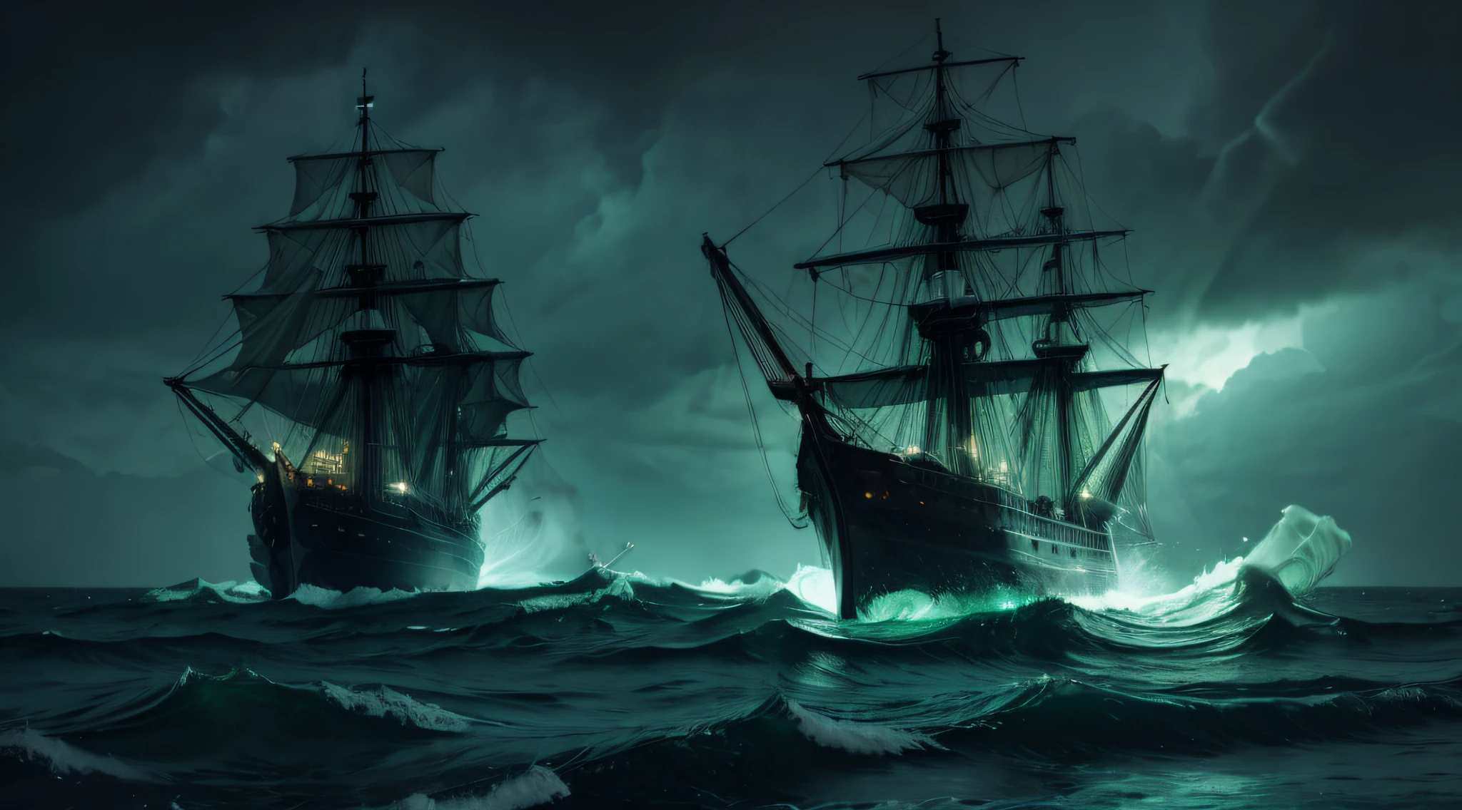 Ghost ship sailing through a stormy sea with eerie green lights illuminating it from within.