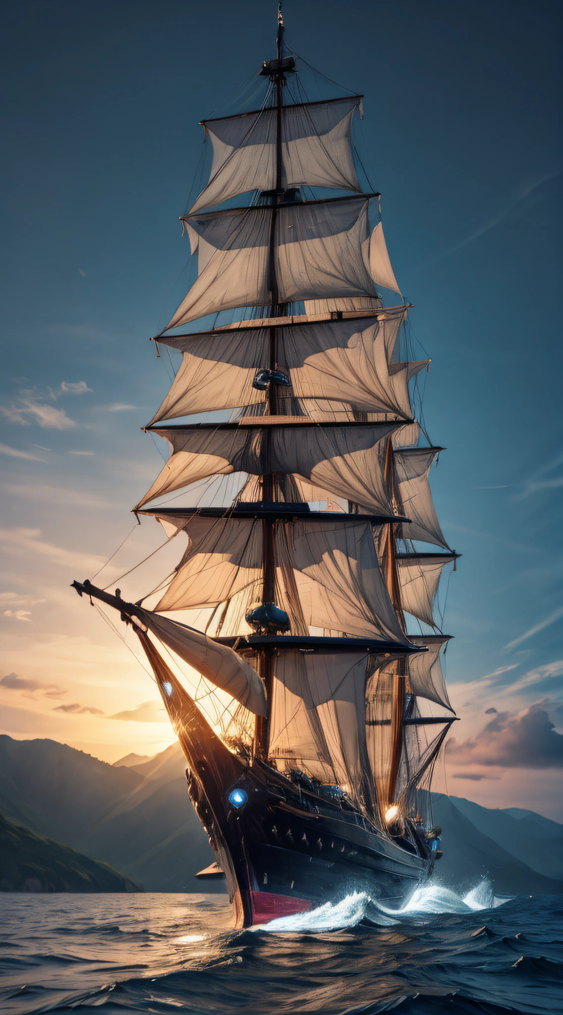 (an alien spacecraft:"historic sailing ship"),hovering above the water,illustration,ultra-detailed,surreal,otherworldly lighting,vibrant colors,seamless blending of technology and tradition.
