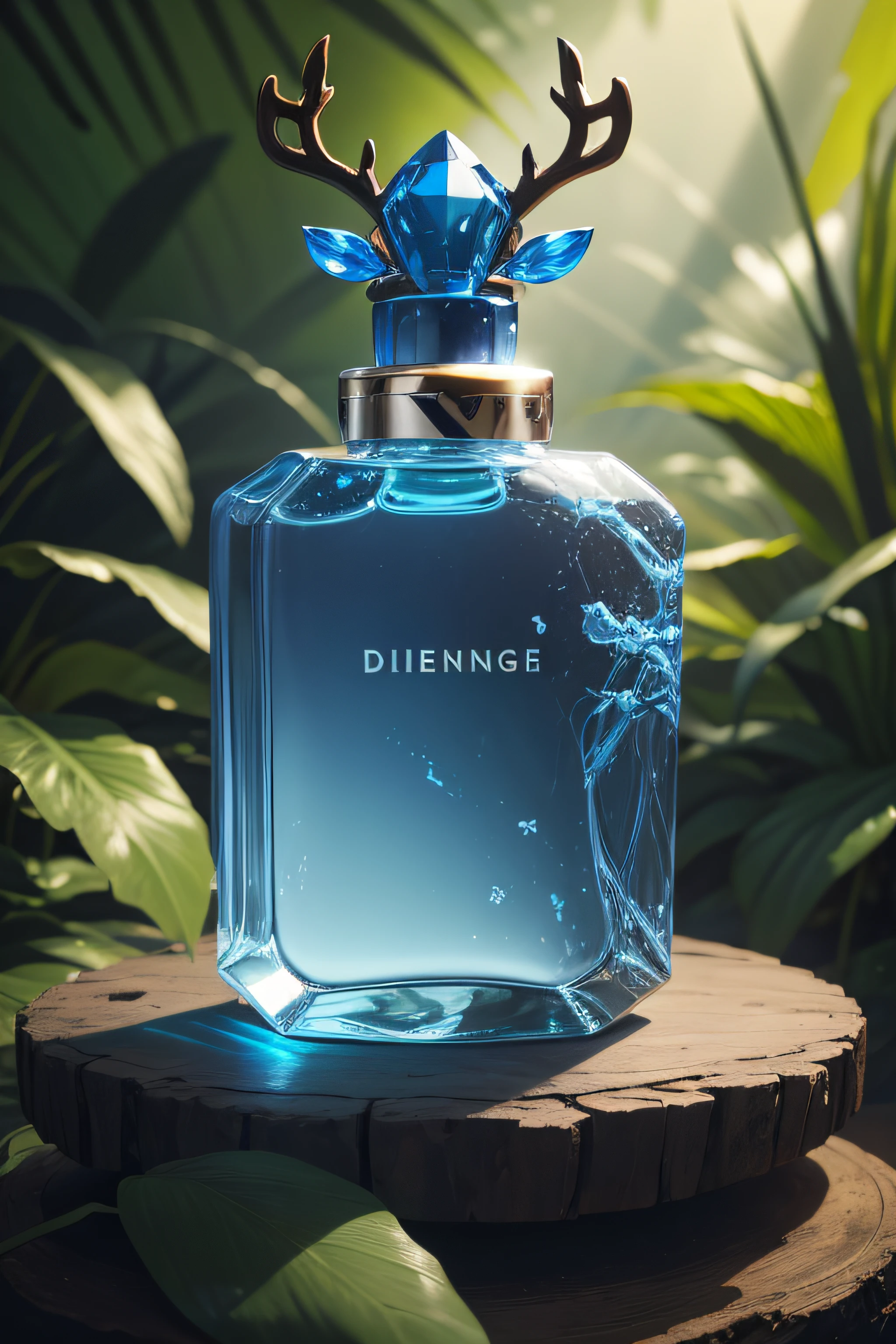 here is a blue perfume bottle with a deer head on the top, with a dark jungle background and deer in the jungle