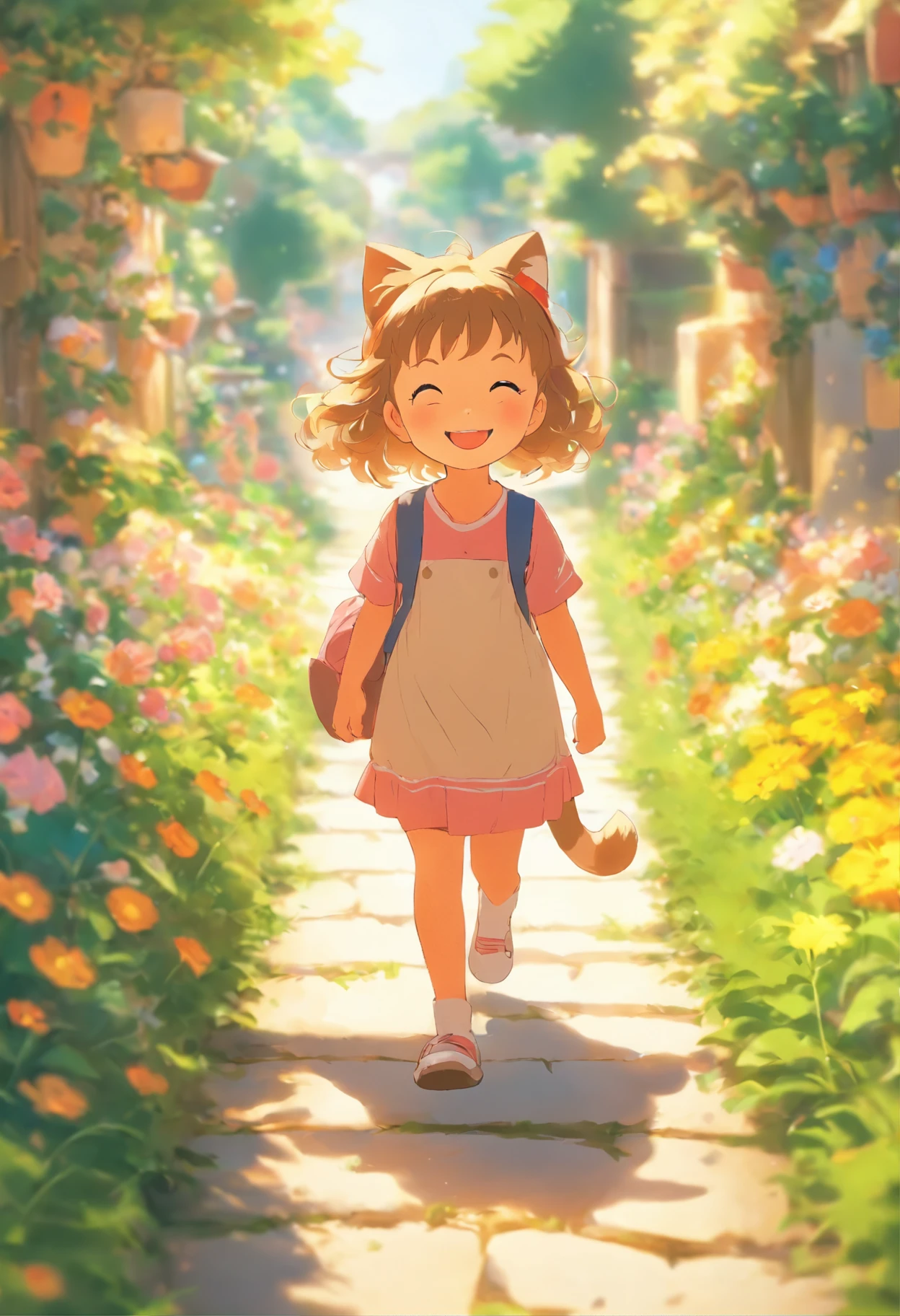 5-year-old girl is smiling, walking on the garden path, A round-eyed cat followed.
