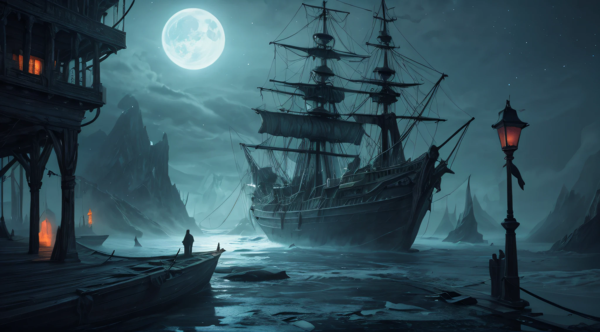 (best quality,4k,8k,highres,masterpiece:1.2),ultra-detailed,(realistic,photorealistic,photo-realistic:1.37),dark and eerie atmosphere,gritty textures,hauntingly beautiful ghost ship,surreal colors,mesmerizing alien world,interdimensional portal,ominous lighting,otherworldly creatures,ancient and weathered wooden deck,ethereal glow,ominous fog,haunted by the sounds of whispers and creaking,unfamiliar flora and fauna,mystical symbols etched into the ship's hull,portal reveals vibrant and diverse landscape,alien sky with multiple moons and unfamiliar constellations,distant mountains shrouded in mist,exotic wildlife roaming the alien world,ship's crew frozen in time and trapped within the ghost ship,ghostly figures lurking in the shadows,dramatic perspective and composition,thick ropes and tattered sails,decaying furniture and scattered belongings,tension between the familiar and the unknown,imminent sense of danger and adventure.