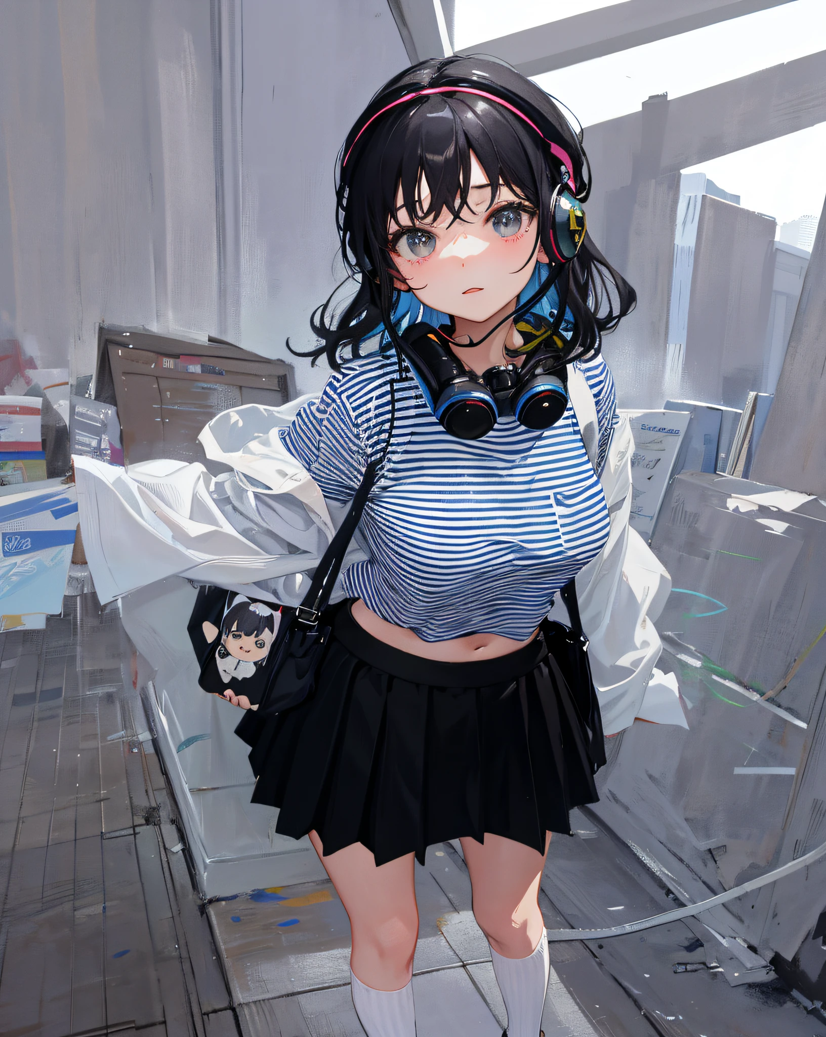 (Realistic painting style:1.0), Masterpiece, Best quality, absurderes, comic strip, illustration,
1 girl, Medium hair, Cute girl, young and cute girl, Korean girl, {Breasts},
A girl in a skirt and a striped shirt with headphones, On the road, Girl wearing headphones, cute kawaii girls, photo of slim girl model, Wear a collar, wearing a crop top, Wear a striped top, Striped top, Black skirt, Simple clothes, Simple clothing,