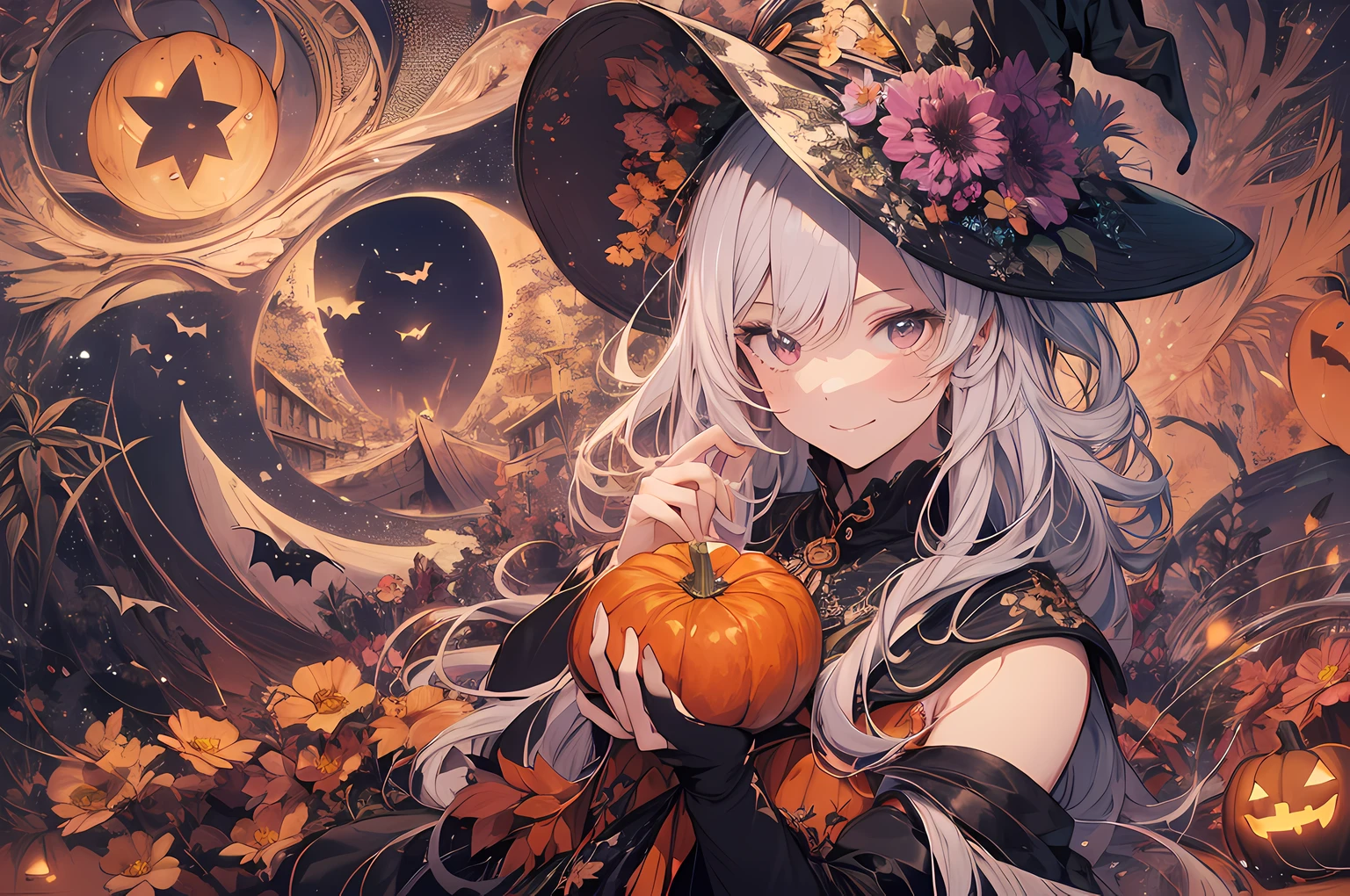 absurdres, highres, ultra detailed, (1girl:1.3) , Halloween witch, ((lovely smile)),wizard robes, wizard hat, Jack o'lantern, night, moon lighting,
BREAK, Halloween atmosphere,(half body image:1.5),
 , kaleidoscopic imagery, symmetrical patterns, vibrant colors, geometric shapes, mesmerizing designs, optical illusions, dynamic composition
BREAK
, pantomime art, expressive body language, silent storytelling, evocative gestures, visual narratives, theatrical performances
BREAK
, blooming pumpkins, colorful petals, fragrant scents, nature's bounty, vibrant gardens, peaceful scenery,(wide angle:1.5)