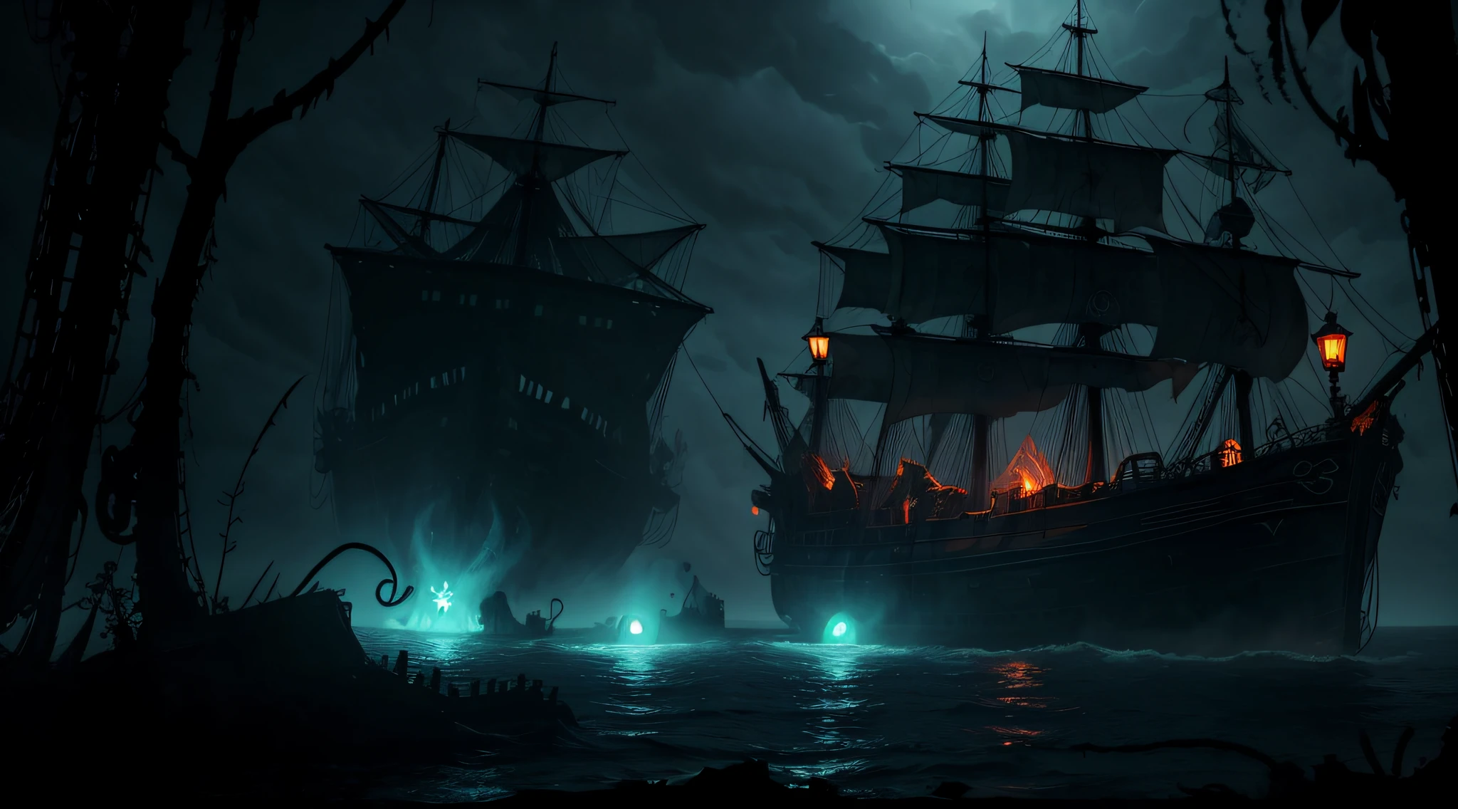 Mysterious creatures with glowing eyes and tentacles lurking in the shadows of a ghost ship.