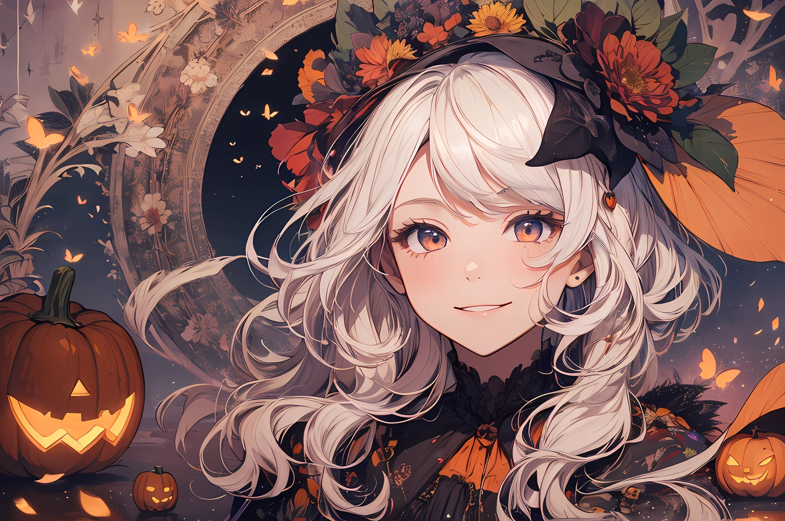 absurdres, highres, ultra detailed, (1girl:1.3) , Halloween witch, ((lovely smile)),wizard robes, wizard hat, Jack o'lantern, night, moon lighting,
BREAK, Halloween atmosphere,(half body image:1.5),
, kaleidoscopic imagery, symmetrical patterns, vibrant colors, geometric shapes, mesmerizing designs, optical illusions, dynamic composition
BREAK
, pantomime art, expressive body language, silent storytelling, evocative gestures, visual narratives, theatrical performances
BREAK
, blooming pumpkins, colorful petals, fragrant scents, nature's bounty, vibrant gardens, peaceful scenery,(wide angle:1.5)