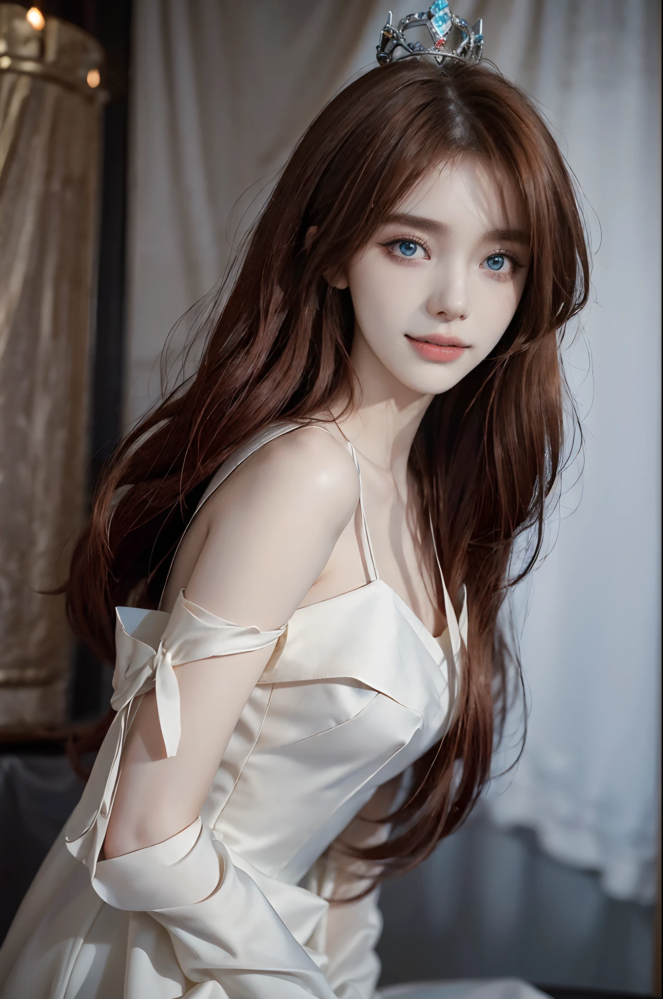((4K works))、masterpiece、(top-quality)、1 beutiful girl、Slim body、tall、((Dresses Fashion))、(Detailed beautiful eyes)、Shot in the White Castle, where the princess lives、((Face similar to Carly Rae Jepsen))、((Long boyish red hair))、((Smaller face))、((Neutral face))、((Bright blue eyes))、((American adult women))、((Adult female 26 years old))、((cool lady))、((Like a celebrity))、((Like a princess))、((Smiling expression))、((Korean Makeup))、((elongated and sharp eyes))、((boyish))、((A Princess))、((Photograph her from afar))、((Shot diagonally from the side))、Professional Photos、Princess Photos