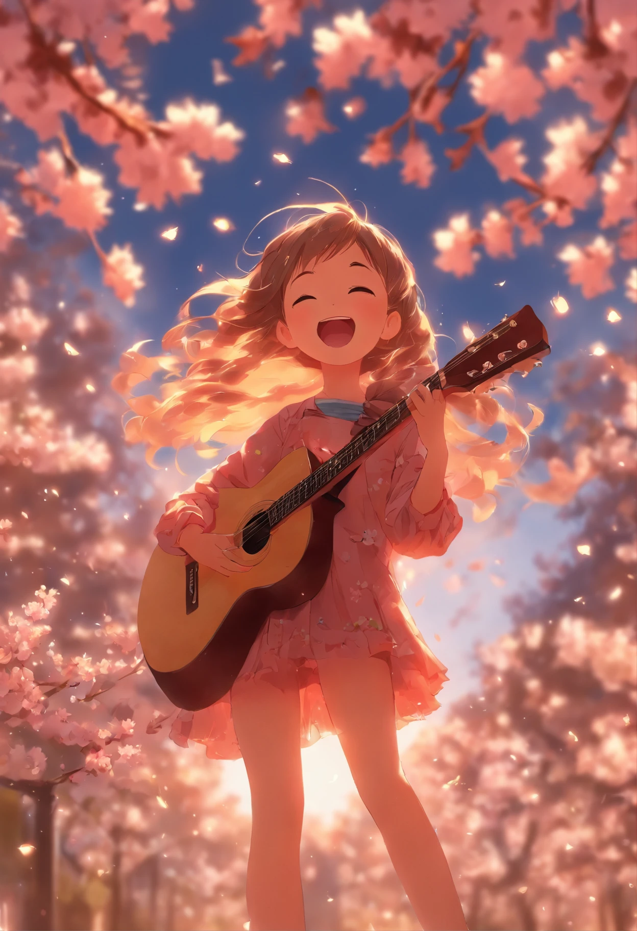 5  girl, Sing with a guitar, Cherry blossoms are falling all over the sky,