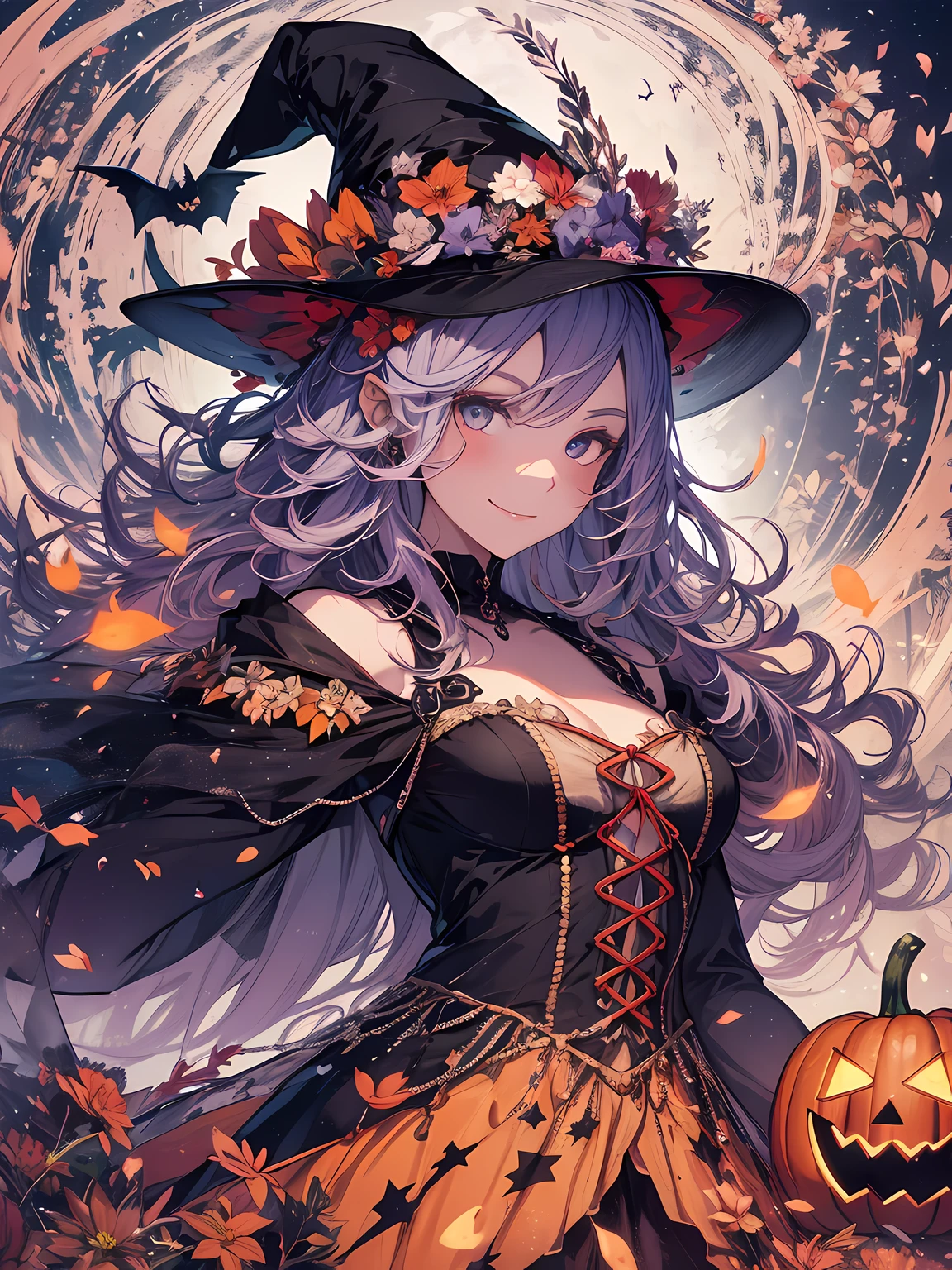 absurdres, highres, ultra detailed, (1girl:1.3) , Halloween witch, ((lovely smile)),wizard robes, wizard hat, Jack o'lantern, night, moon lighting,
BREAK, Halloween atmosphere,(half body image:1.5),
 , kaleidoscopic imagery, symmetrical patterns, vibrant colors, geometric shapes, mesmerizing designs, optical illusions, dynamic composition
BREAK
, pantomime art, expressive body language, silent storytelling, evocative gestures, visual narratives, theatrical performances
BREAK
, blooming pumpkins, colorful petals, fragrant scents, nature's bounty, vibrant gardens, peaceful scenery,(wide angle:1.5)