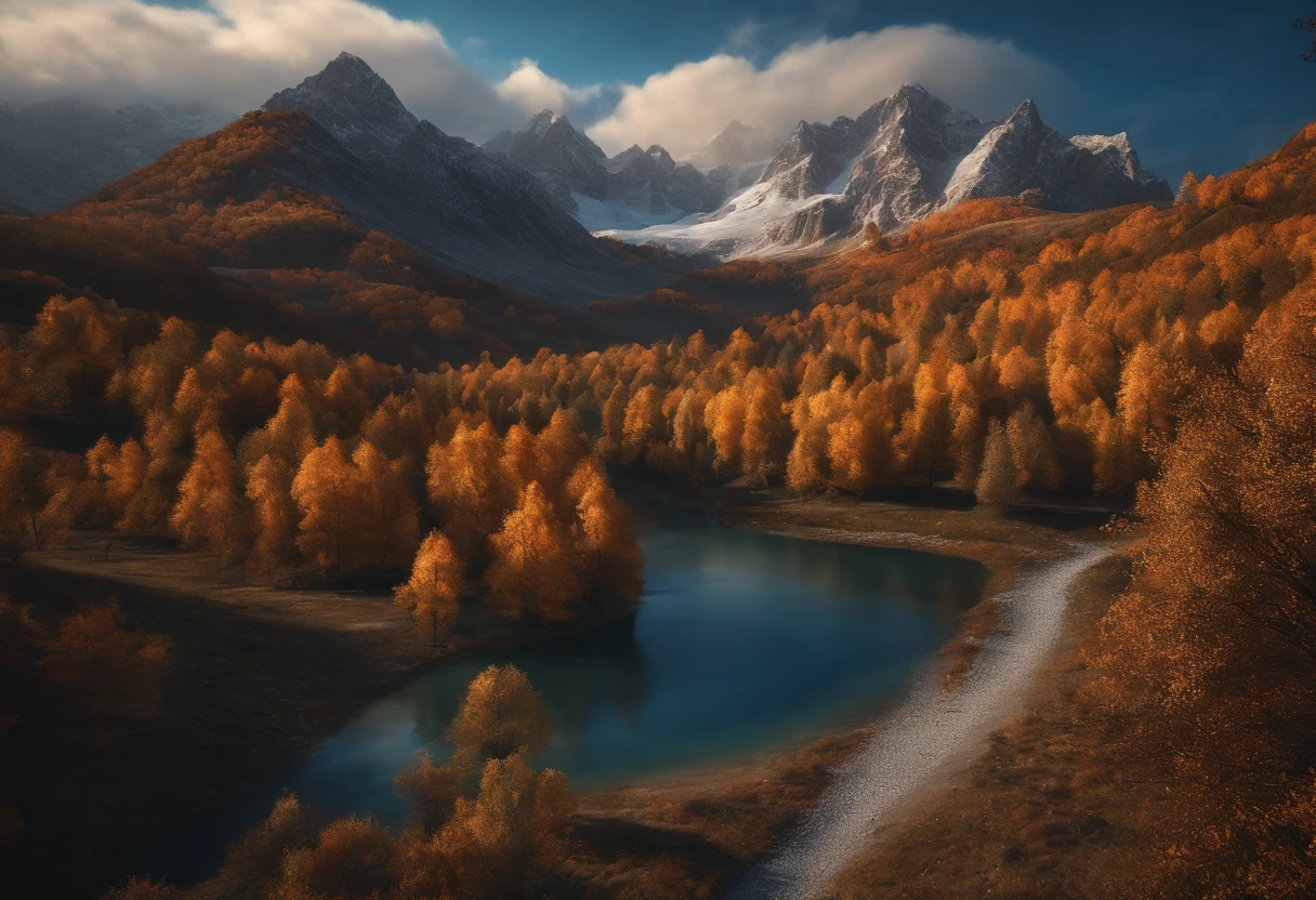 snowy mountains,Autumn foliage,surrounded by cloud,Thick clouds,oc render,hiquality,tmasterpiece,Hyper-realistic,Ultra photo realsisim,8K,Super-slim;,Ultra Detailed,Ultra-wide viewing angle,Dynamic viewing angle,extra high resolution, photo, 4k, (Photorealistic), absurdress, (Unbelievable absurdity), ((Masterpiece, Best Quality)), (wallpapers), (8K HD),