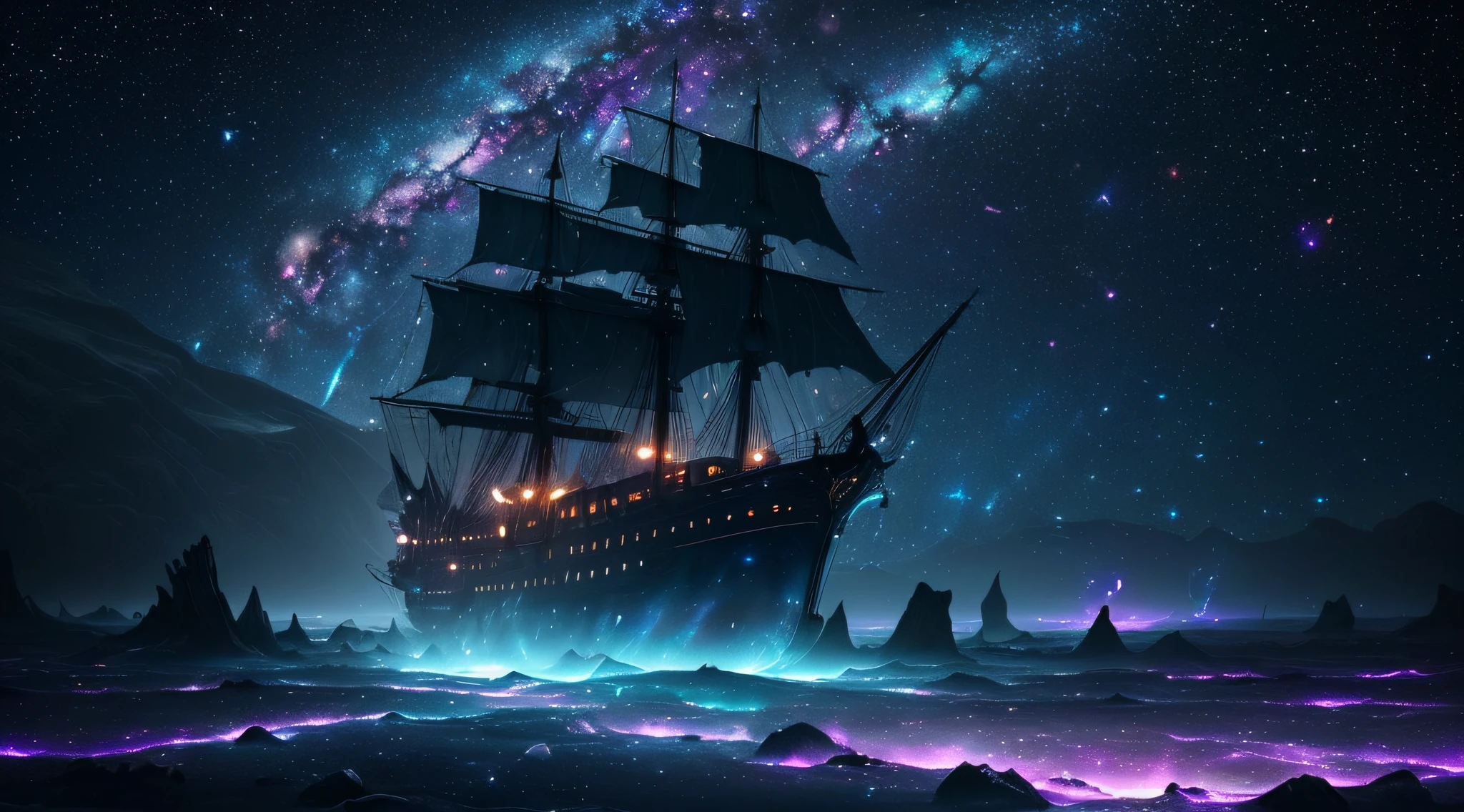 (a ghost ship:1.1),(surrounded by stars, surrounded by galaxies:1.2),(interdimensional nature),(ethereal,translucent),(mysterious shadows),(hauntingly beautiful),(nighttime),(eerie atmosphere),(sublime),(otherworldly),(glowing),(mystical),(sailing through the cosmos),(cosmic voyage),(filled with cosmic energy),(vibrant colors),(dramatic lighting),(highly detailed),(magical),(captivating),(engulfed in celestial light),(faint whispers),(disappearing into the unknown),(whirling vortex of stars and space),(captivating specter),(stunning astral display),(infinite horizon),(enchanting),(shimmering),(bewitching),(silent journey),(lost in time and space),(hauntingly beautiful),(captivating),(visually mesmerizing)